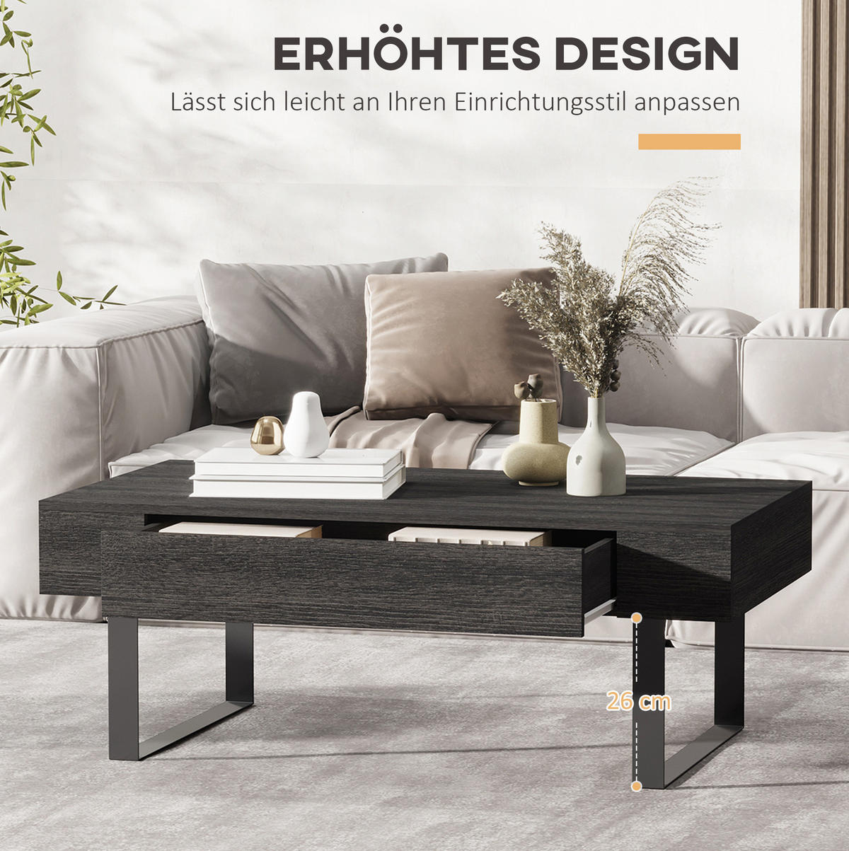 COUCHTISCH 110/60/40 cm mit Schublade und offenen Regalen, Spanplatte mit Metallgestell, Dunkelgrau - Grau, Holzwerkstoff (110/60/40cm) - Modfu