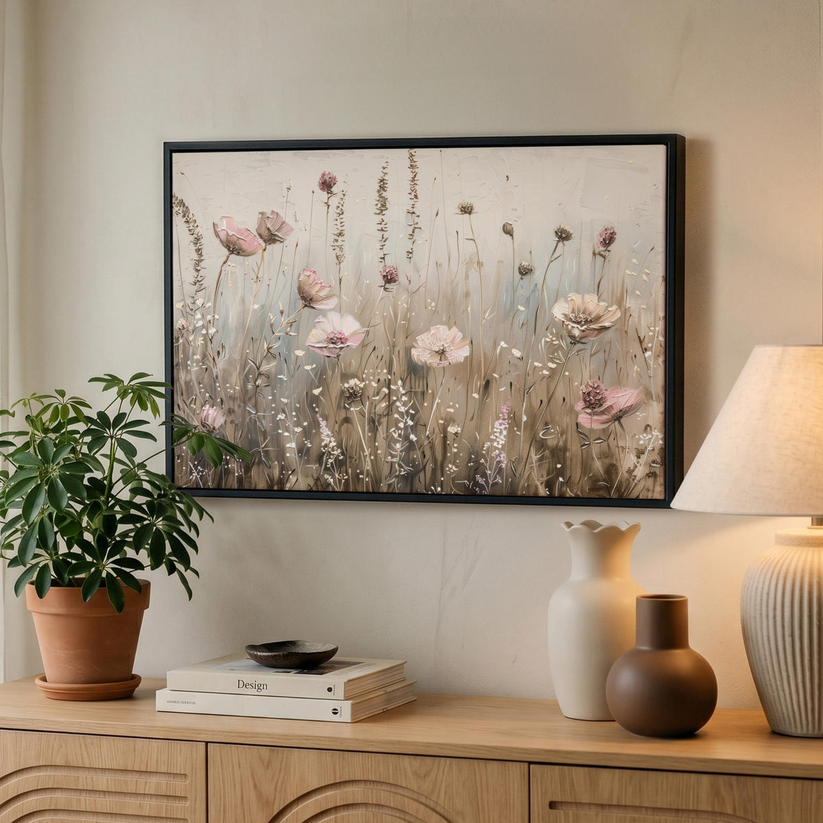 LEINWAND Bilder mit Rahmen - Blumen - Rosa - Modern - Beige - 60x40 - Beige, Textil (60/40cm) - MuchoWow