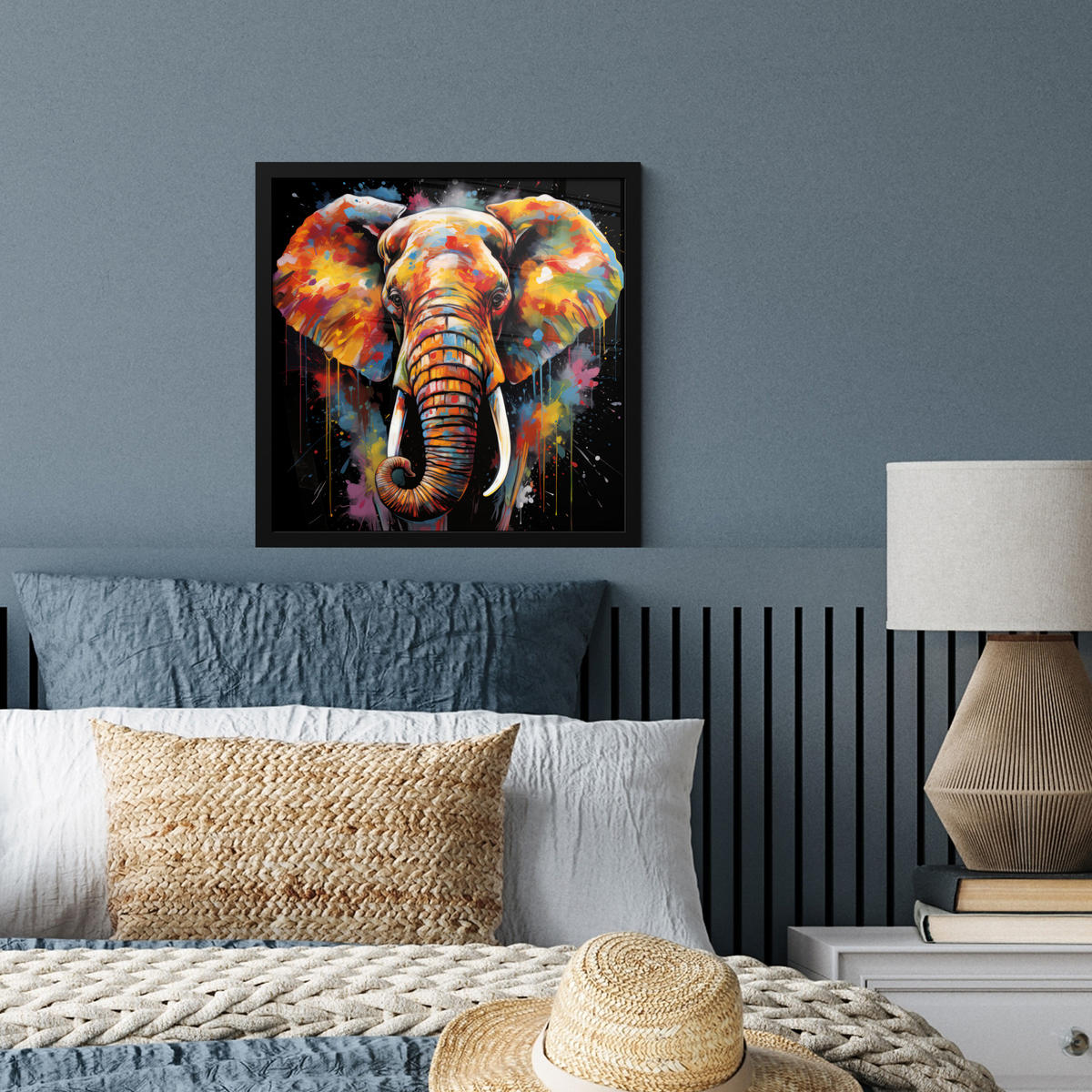 POSTER MIT RAHMEN Elefant - Graffiti - Schwarz - Tiere - Farben 40x40 cm - Schwarz, Papier (40/40cm) - MuchoWow