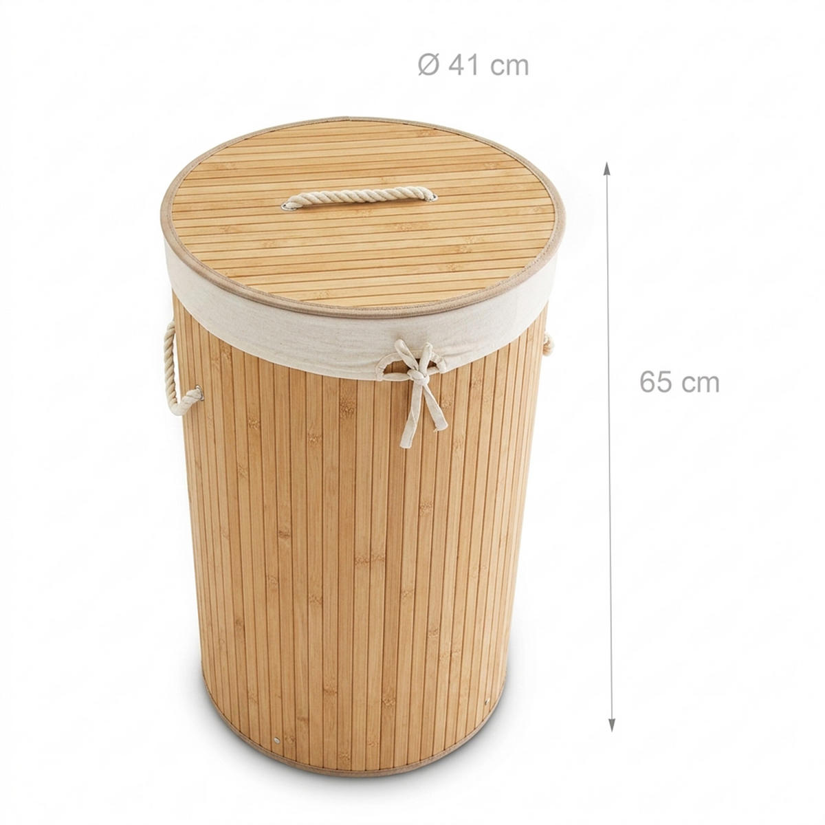 TVÄTTKORG natur bambu rund med lock hopfällbar 70 l - Ljusbrun, Trä/Textil (41/65/41cm) - Relaxdays