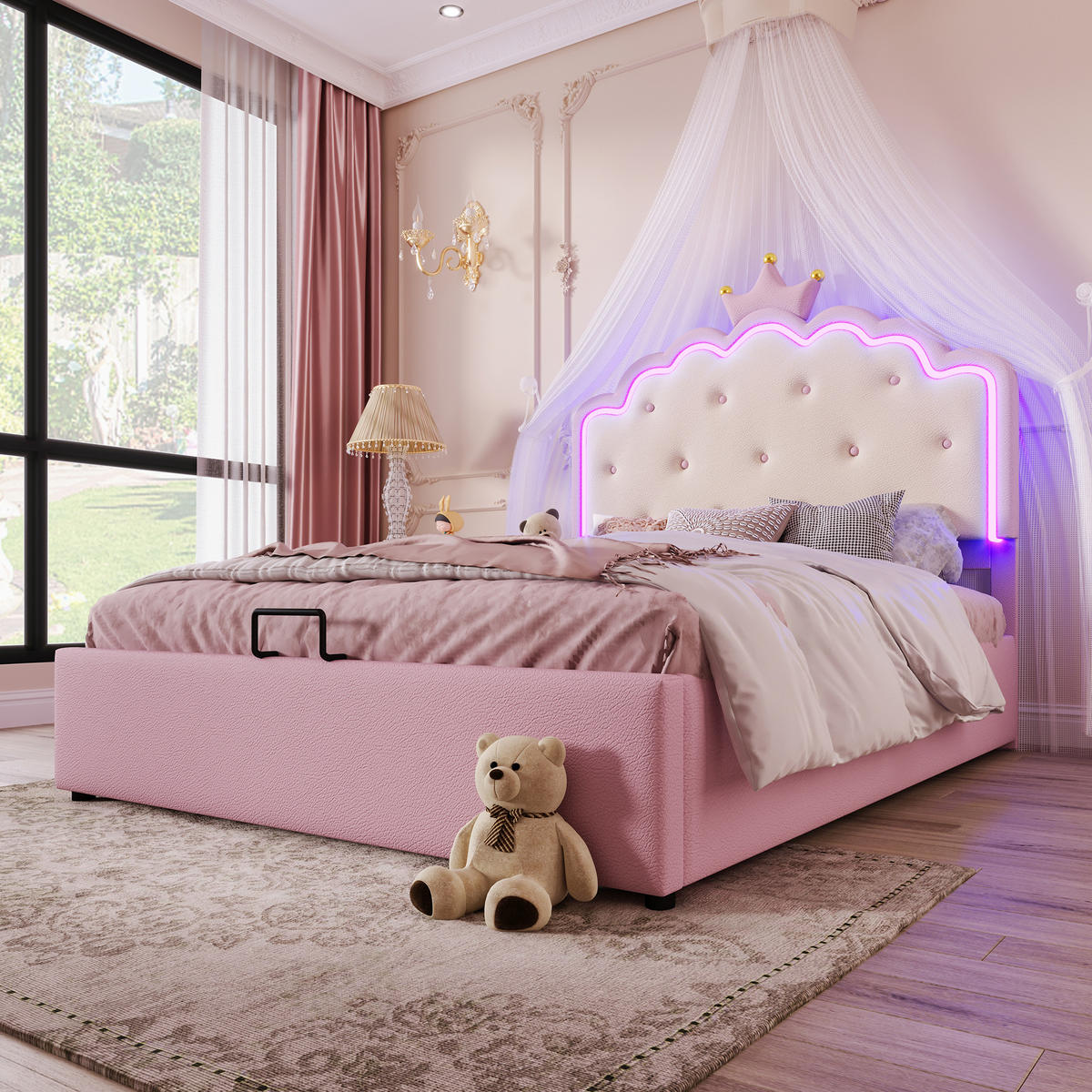 POLSTERBETT 140x200cm Rosa PU Kronprinzessinnenform Hydraulik LED-Licht - Pink, Holz (140/200cm) - FLIEKS