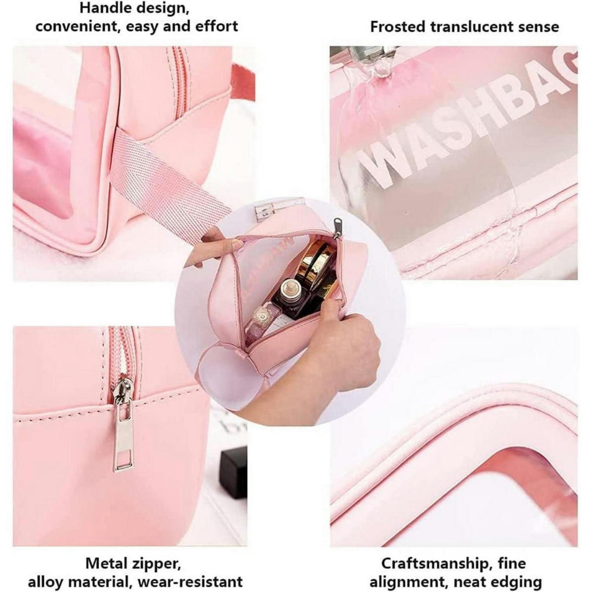 KOSMETIKTASCHE 3-teiliges Set Transparent Rosa - Rosa, Kunststoff (11/211/31cm)