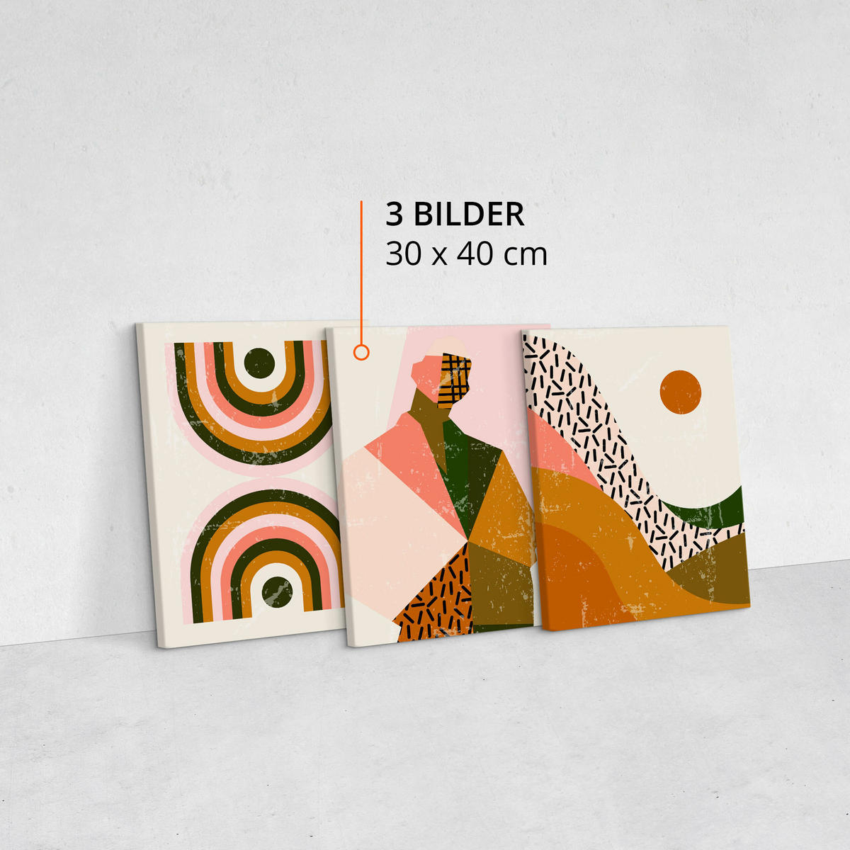 LEINWANDBILDER 3-er Set Boho Abstraktion - Beige/Rot, Textil (90/40cm) - Muralo