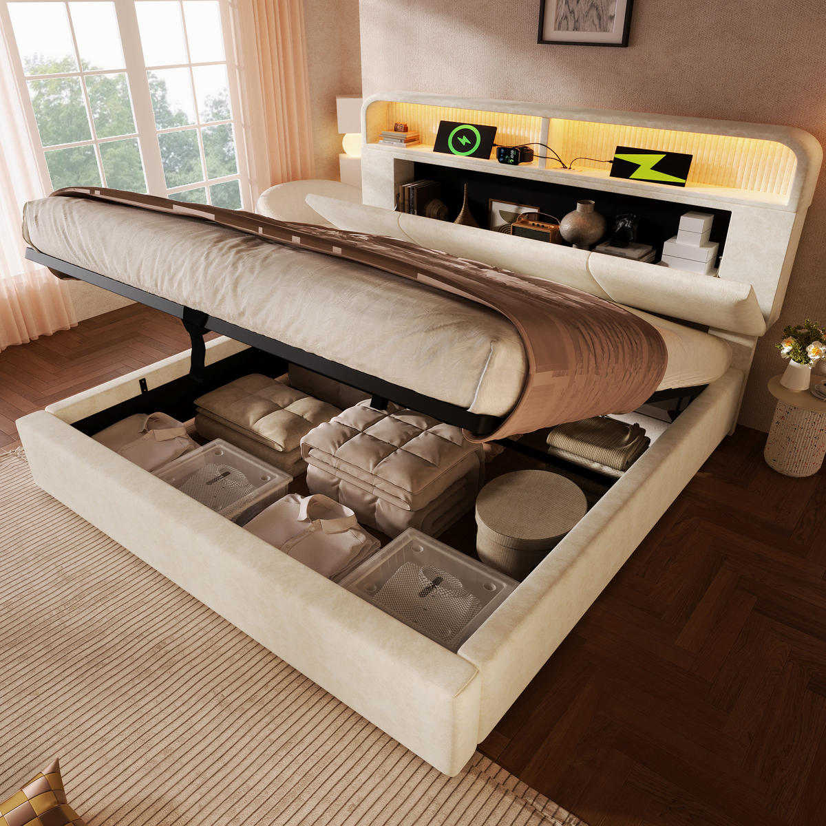 SAMT-POLSTERBETT 180/200 cm mit Bettkasten, LED-Beleuchtung und verstellbarem Kopfteil - Beige, Textil (180/200cm) - BEAOK