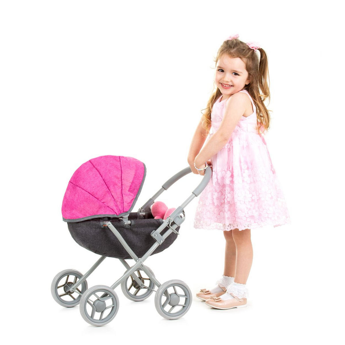 PUPPENWAGEN Daisy grau pink Sonnendach, vier große Räder, klappbar, 100% Polyester, ab 3 Jahren - Grau, Metall (35/56/56cm) - Chipolino