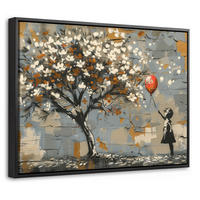 LEINWAND Bilder mit Rahmen - Baum - Graffiti - Banksy-Stil - Ballon-Mädchen - 40x30 - Blaugrau, Textil (40/30cm) - MuchoWow