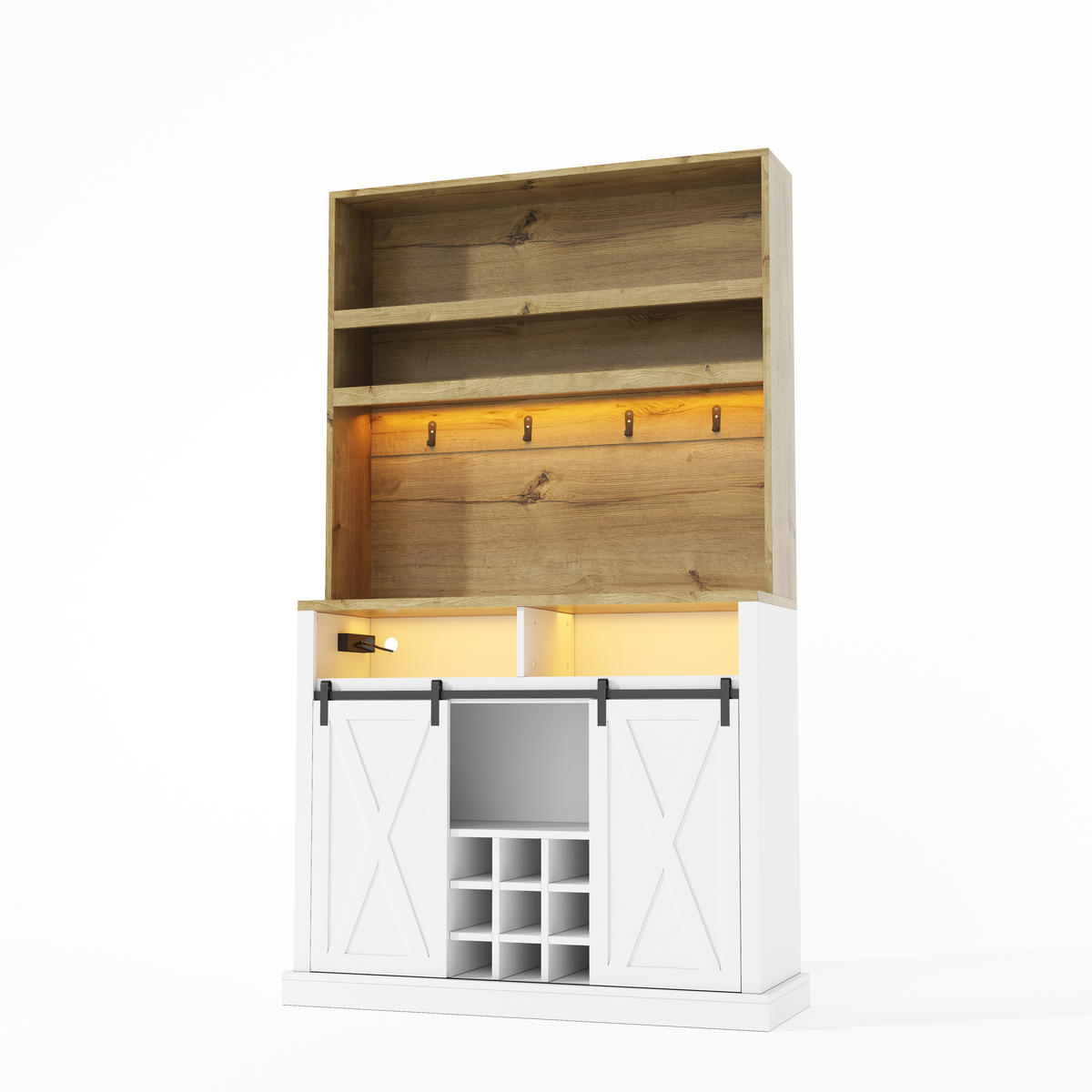 BUFFET 191 cm MDF Natur Weiß mit RGB-LED, USB-Anschluss und Weinregal - Weiß, Holzwerkstoff (40/191/110cm) - Korfee