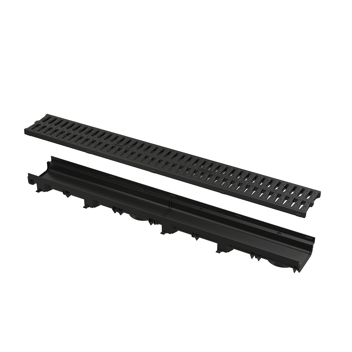 ENTWÄSSERUNGSRINNE 60 mm mit Kunststoffrand und Rost aus Kunststoff C-Profil A15 - Schwarz, Metall (6/13.7/101cm) - Alcadrain