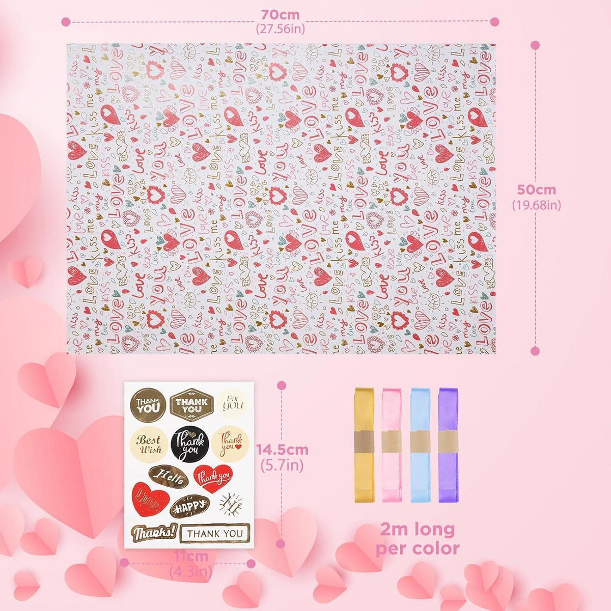 GESCHENKPAPIER-SET 6 Blätter 50 x 70 cm Love Thema mit Zubehör - Multicolor, Papier (50/0.1/70cm)