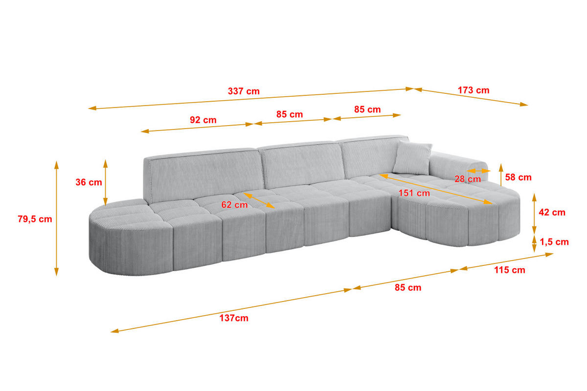 ECKSOFA Ottomane Rechts LIVO-L2 - 337x173x79,5 cm Hellgrau - Hellgrau, Holzwerkstoff/Textil (337/173cm) - ALTDECOR