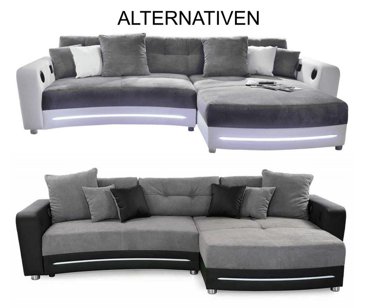 MULTIMEDIA-ECKSOFA Soundsystem RGB-LED Beleuchtung Bluetooth USB AUX-in,seitenverkehrt montierbar B322/T190/H88cm,Kunstleder Schwarz-Mikrof.Grau/15411 - Chromfarben/Schwarz, Textil/Metall (322/88/190cm) - luma-home
