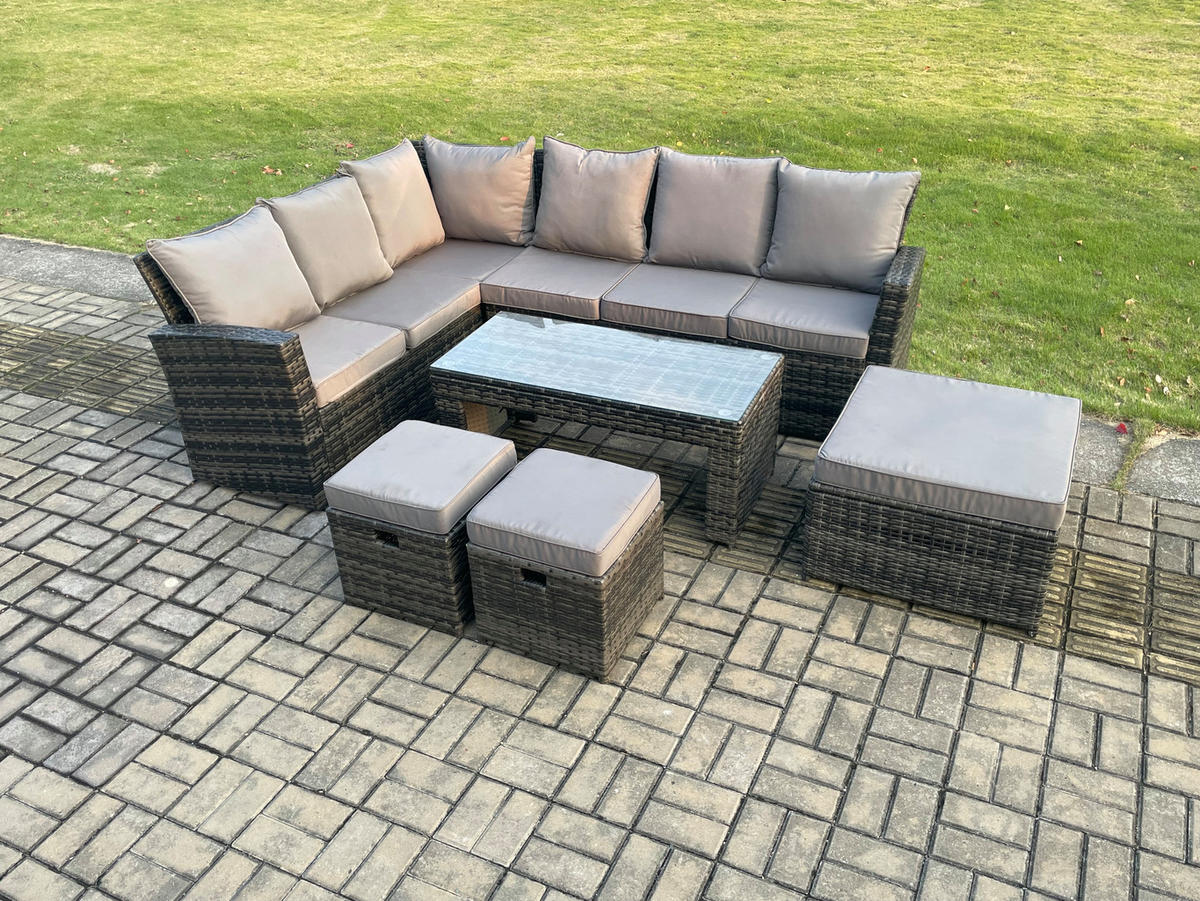 BALKONMÖBEL-SETS mit Ecksofa,Länglicher Couchtisch,3 Hockern Polyrattan Dunkelgrau 9-Sitzer - Dunkelgrau/Grau, Glas/Kunststoff - Fimous