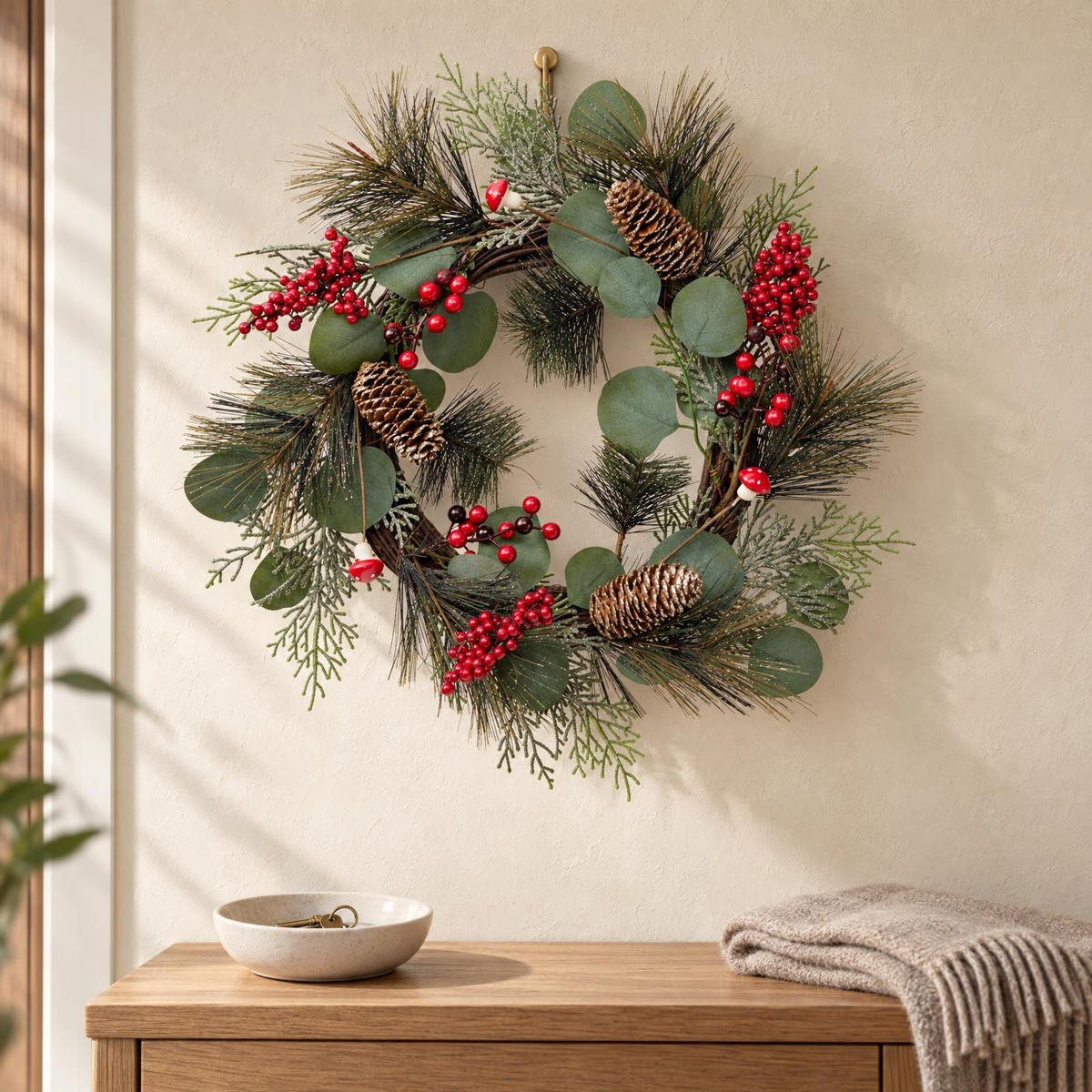 WEIHNACHTSKRANZ mit Eukalyptusblättern und Pilzen 44/44/8 cm - Grün, Metall (44/8/44cm) - Home Styling Collection