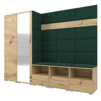 GARDEROBE NELA VII 250 cm (Modulare Flurmöbel XL Artisan Eiche mit Spiegel & Sitzpolster Flaschengrün 28 Universell) - Dunkelgrün/Silberfarben, Holz/Holzwerkstoff (250/187/40cm) - Ravio