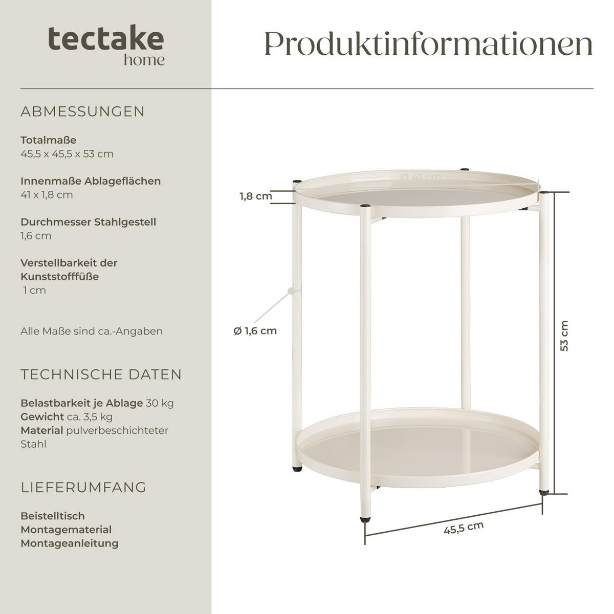 BEISTELLTISCH Oxford,45,5 x 45,5 x 53 cm,creme - Creme, Metall (45.5/45.5/53cm) - tectake