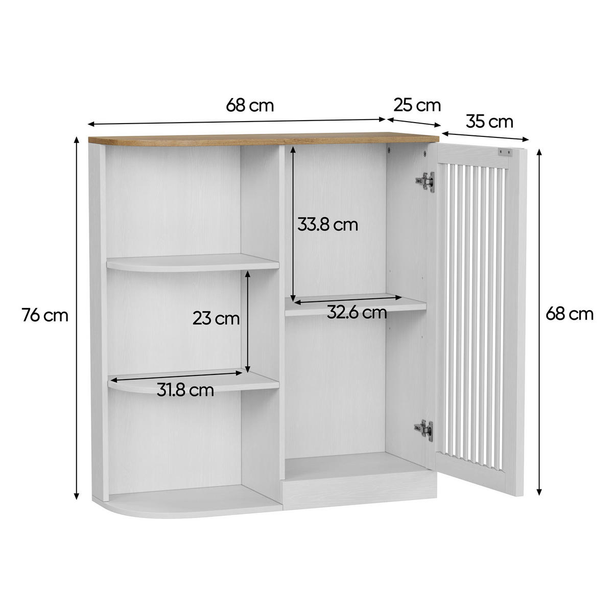 BADEZIMMERSCHRANK 68x25x76 cm Weiß & Eiche mit 3 offenen Regalen & Schrank - Weiß, Holzwerkstoff (68/76/25cm) - Modfu