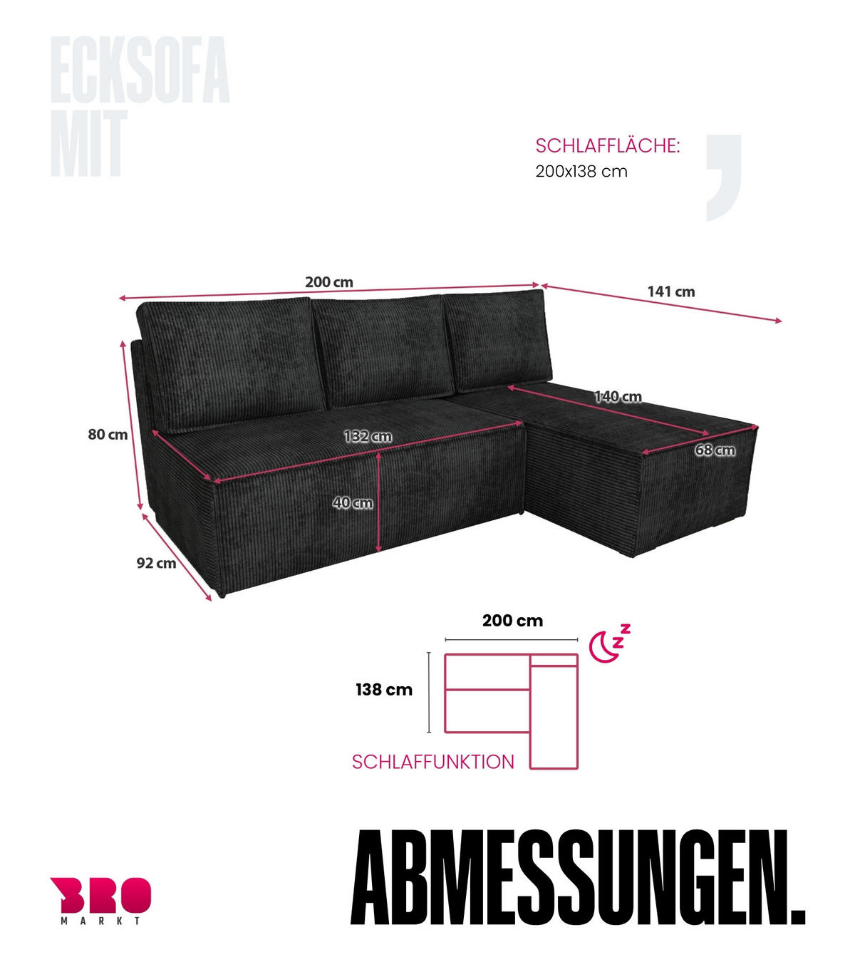 ECKSOFA Hector mit Schlaffunktion Schwarz Cord - Schwarz, Textil (200/141cm) - Bromarkt