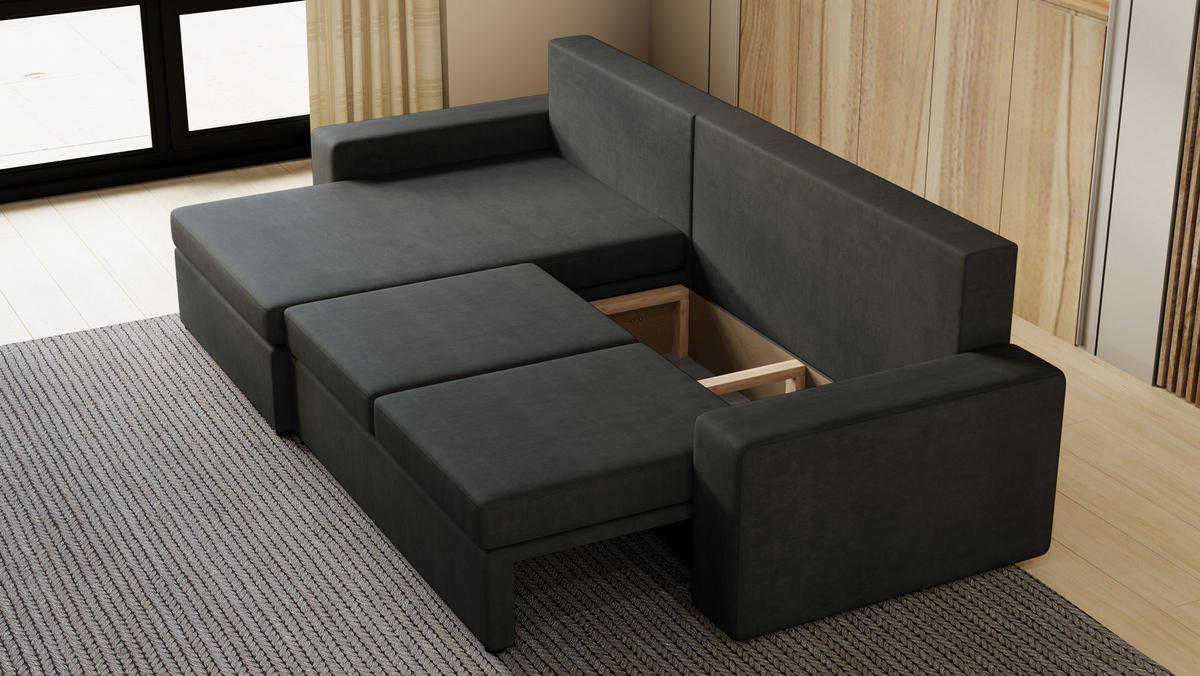 ECKSOFA Paco mit Bettkasten und Schlaffunktion, L-Form/XL-Form, Velourstoff, Universal - Graphitfarben, Holzwerkstoff (276/145cm) - 4ALL HOME