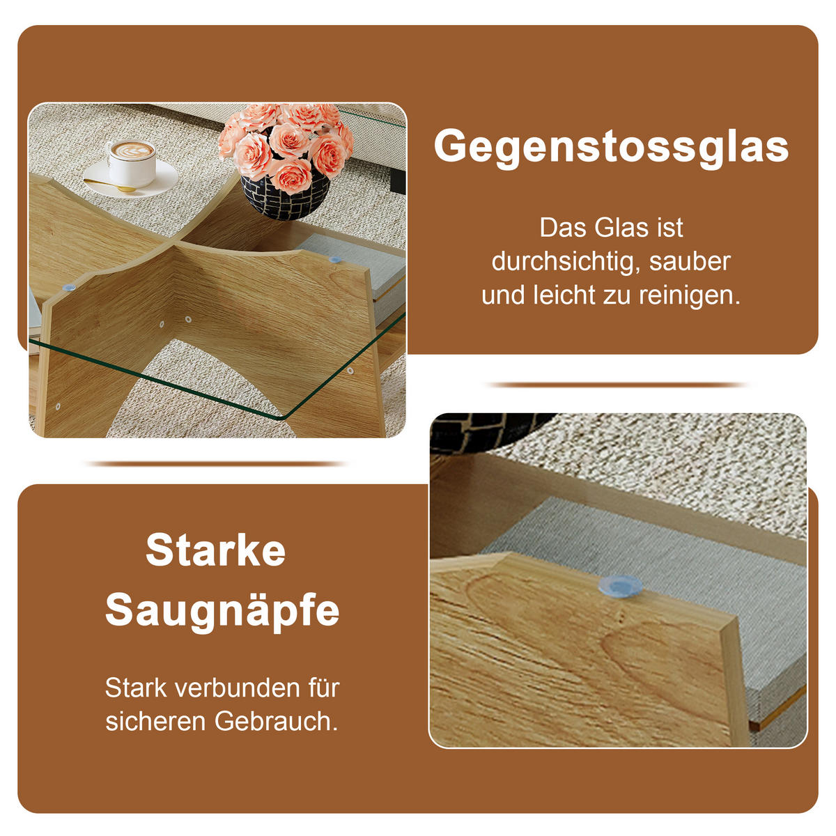COUCHTISCH in Naturfarbe Moderner quadratischer Beistelltisch mit Holzoptik für Esszimmer und Wohnzimmer, B80/T80/H40 cm - Transparent/Naturfarben, Glas/Holzwerkstoff (80/80/40cm) - STILVORA