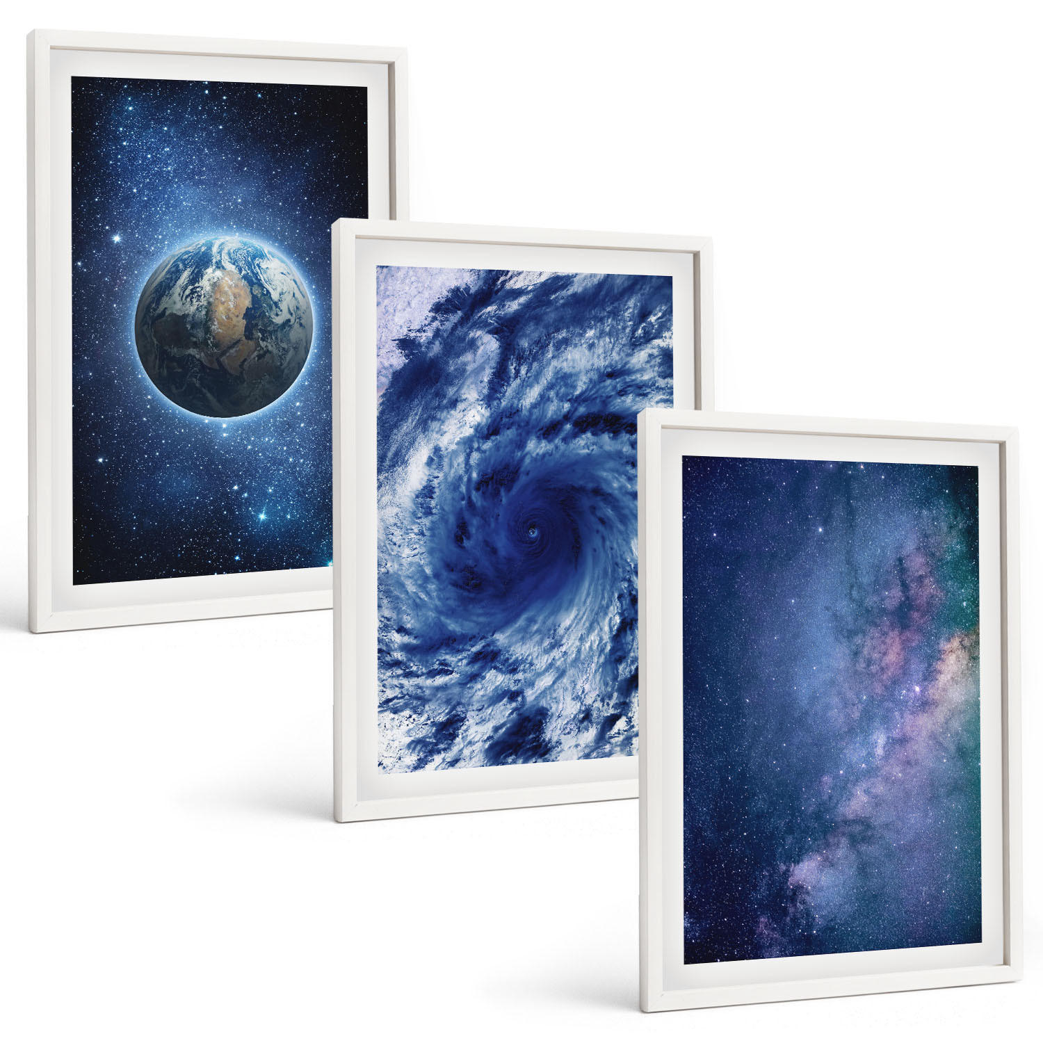BILDER SET 3er Set - 40x60 cm Weißer Rahmen - Erde Weltraumsturm Galaxie - Weiß, Kunststoff (40/60cm) - TULUP