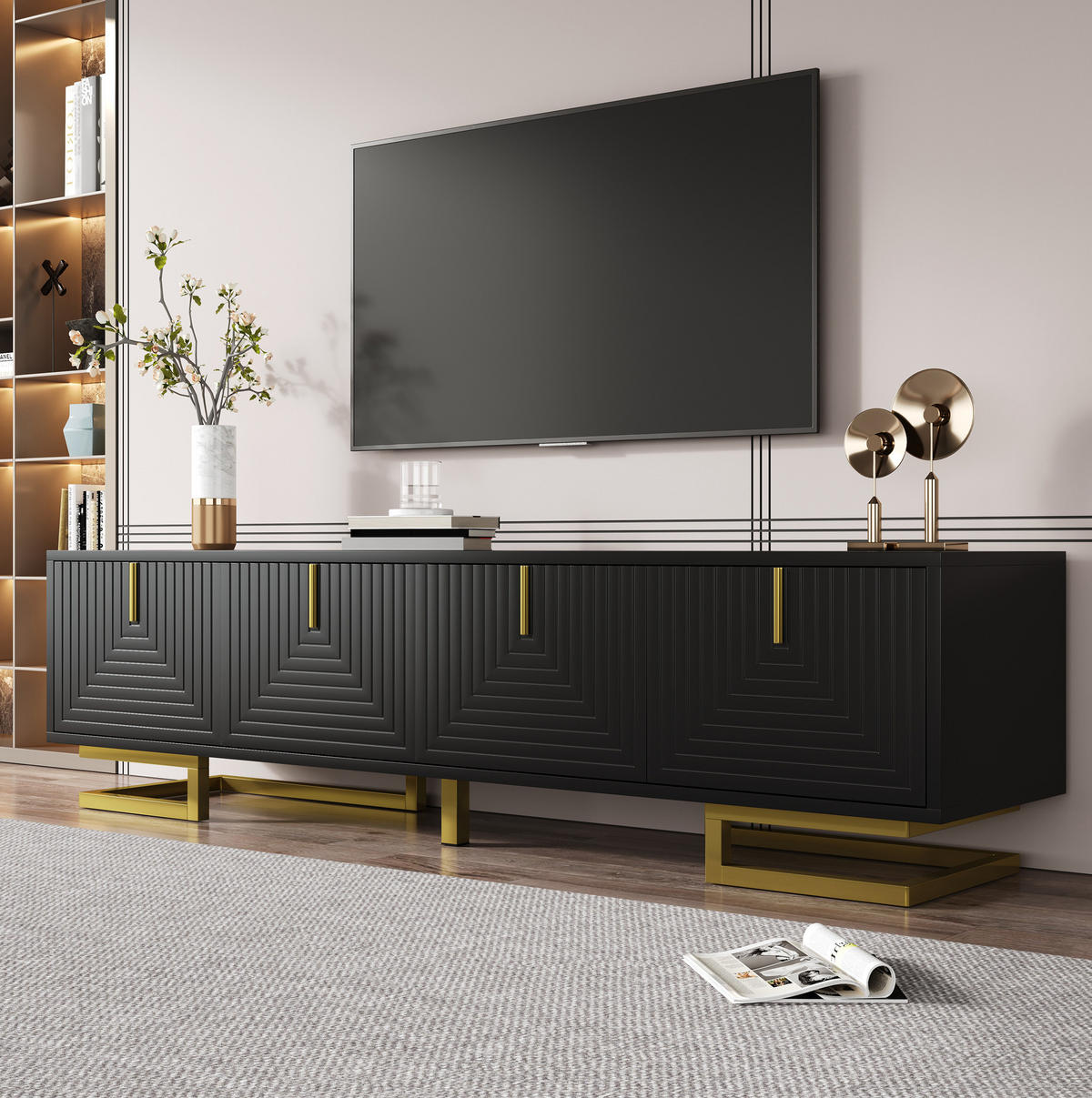 TV-SCHRANK 160/38/44,5 cm schwarz mit goldenen Griffen und verstellbaren Füßen - Schwarz, Holzwerkstoff (160/44.5/38cm) - OKWISH