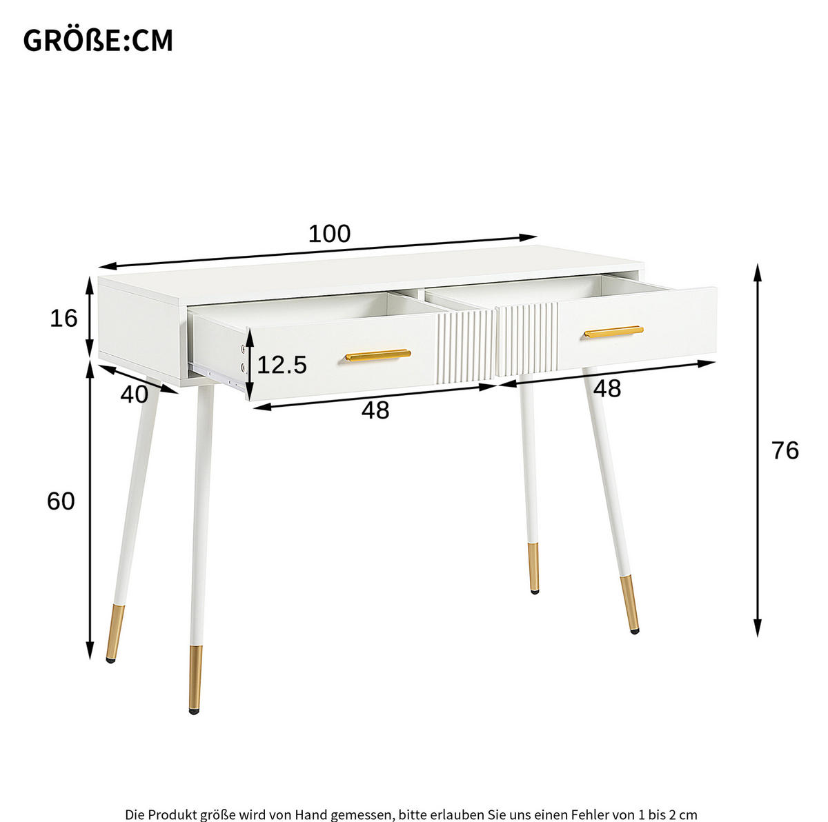 SCHMINKTISCH 100/40/76 cm mit 2 Schubladen, Metallfüßen und vielseitiger Nutzung, Weiß - Weiß, Holzwerkstoff (100/76/40cm) - Redom