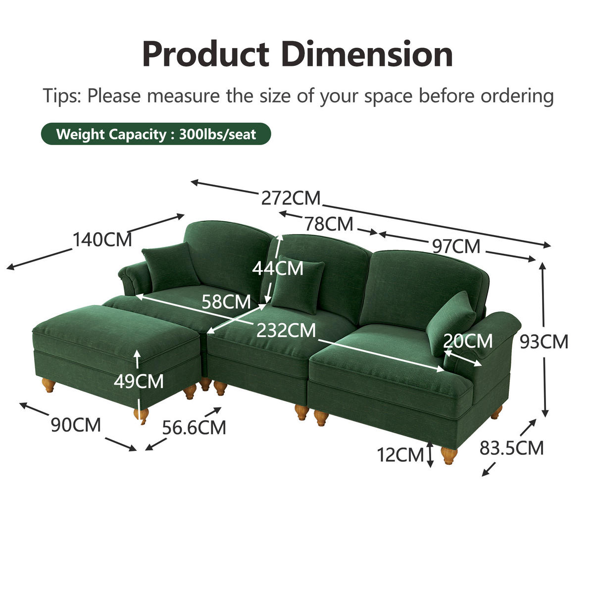 MODULARES Ecksofa Chenille mit Hocker und abnehmbarem Rüschenrock 272/140/93 cm Grün - Grün, Textil (140/272cm) - Redom