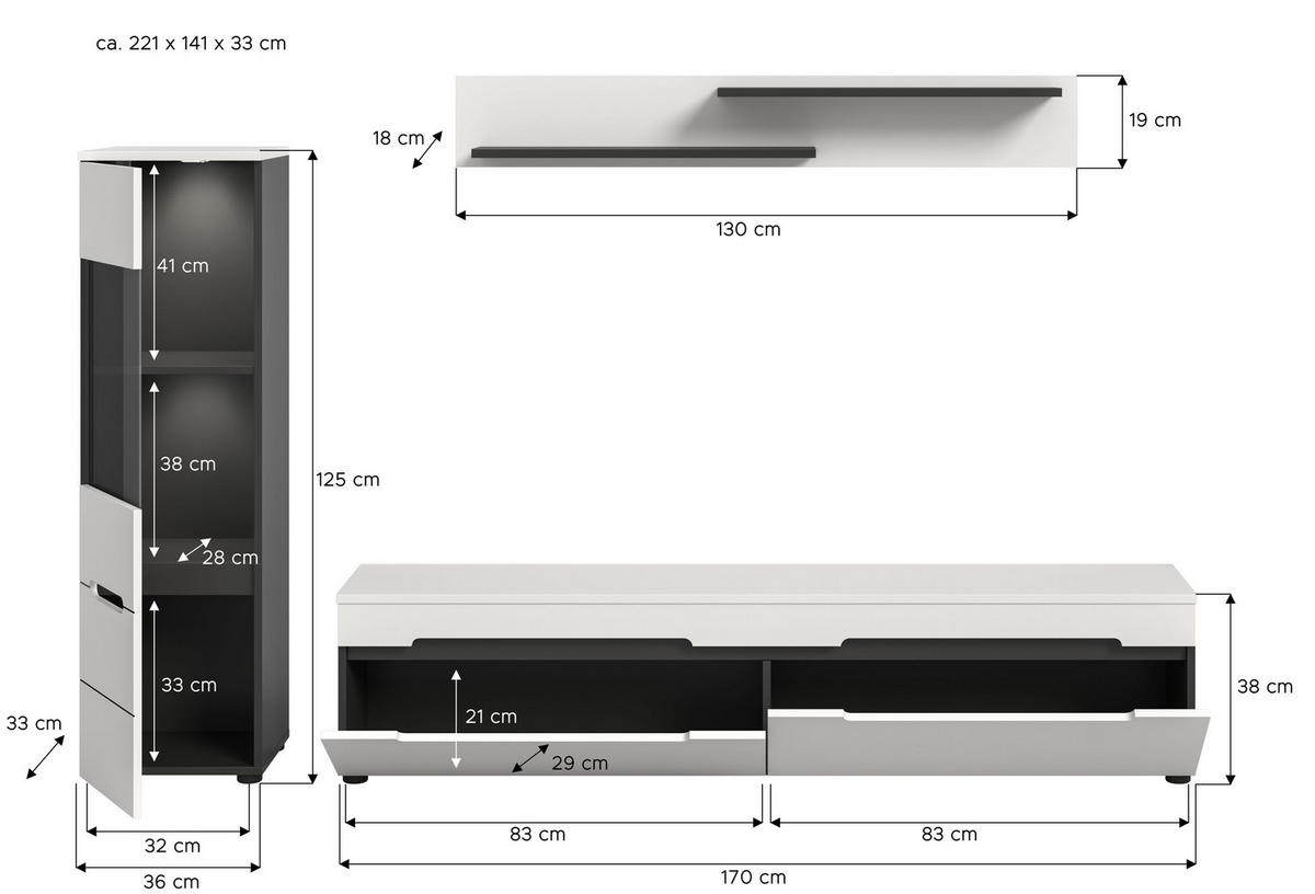 WOHNWAND inkl Beleuchtung Nova 3 tlg. (B/H/T: ca. 221/141/33 cm) in Basalt grau/weiß - Grau, Holzwerkstoff (221/141/33cm)