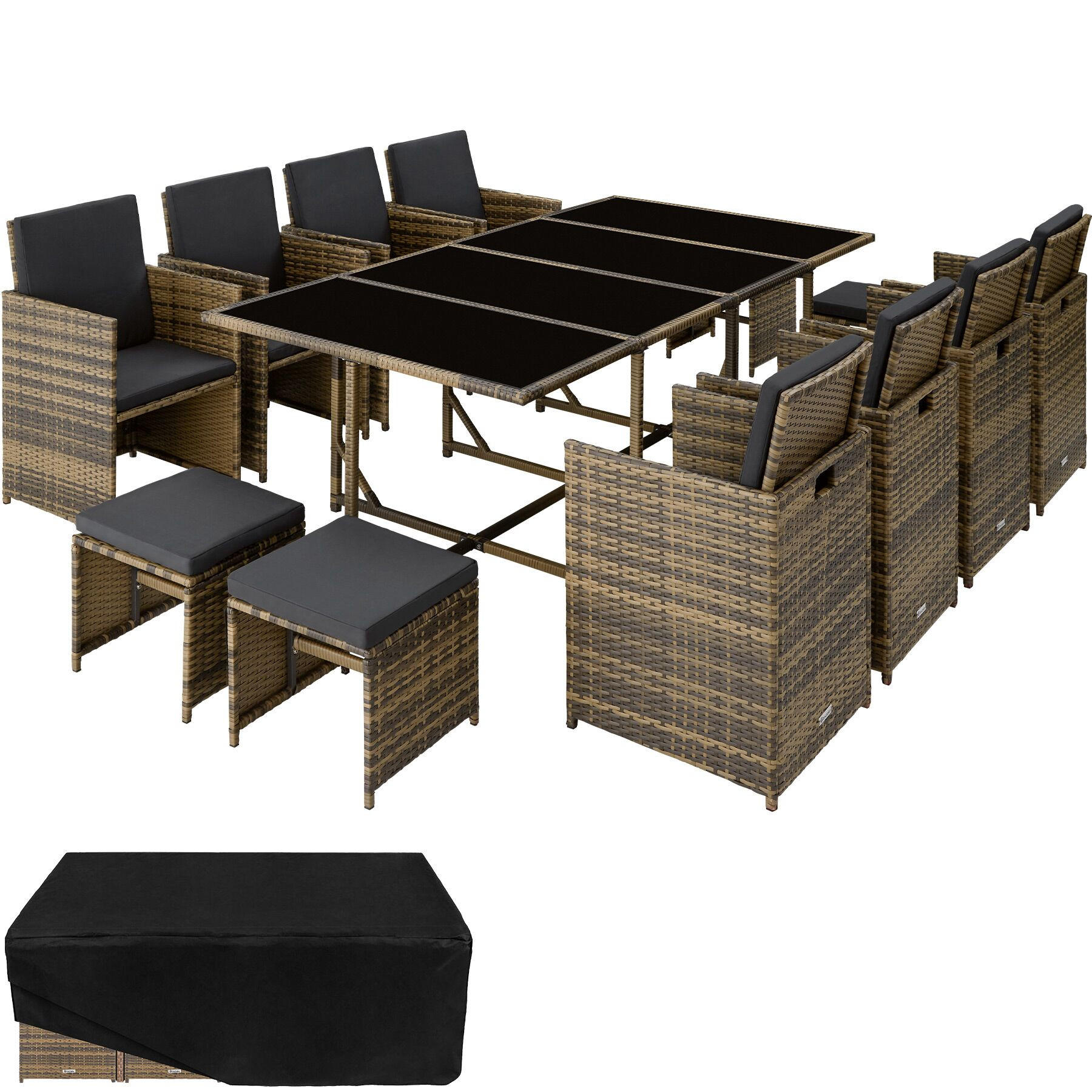 RATTAN SITZGRUPPE Palma,zusammenschiebbar, inklusive Schutzhülle,natur/dunkelgrau - Dunkelgrau/Naturfarben, Kunststoff - tectake