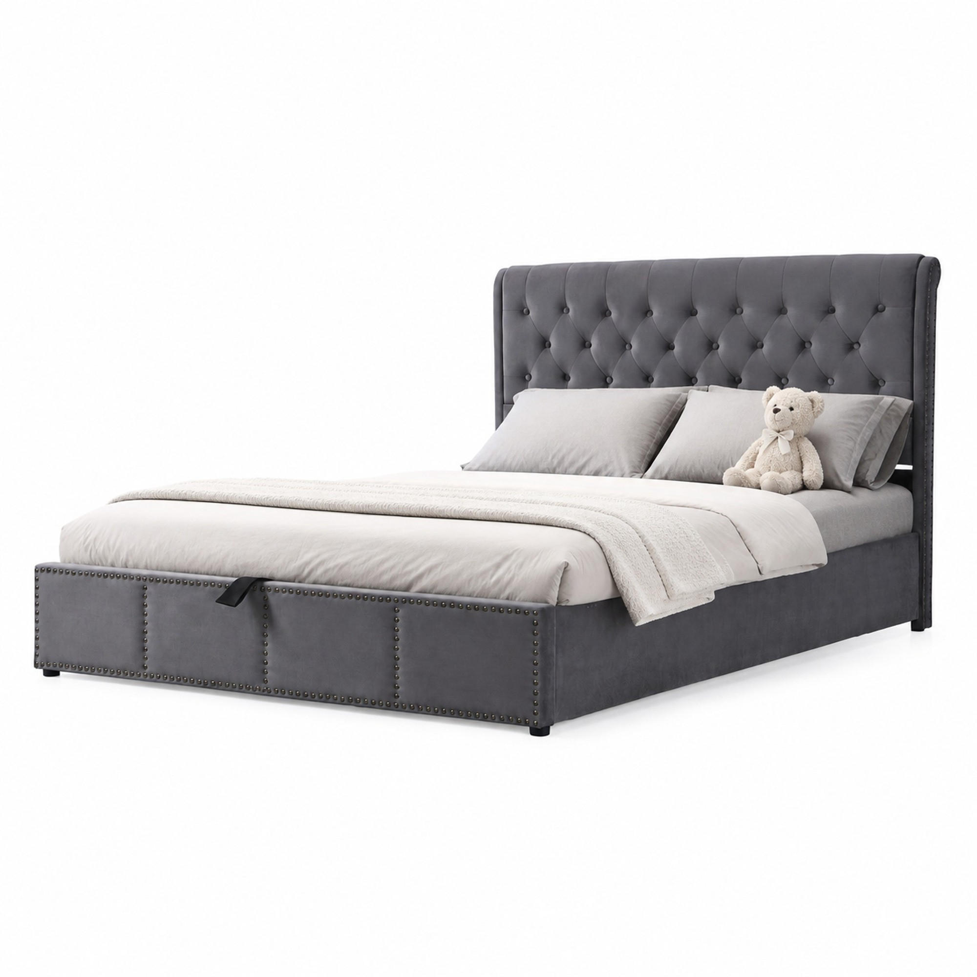 POLSTERBETT 160/200 cm in Grau mit Bettkasten und Nieten Samt - Grau, Holzwerkstoff/Textil (160/200cm) - CHICFURN