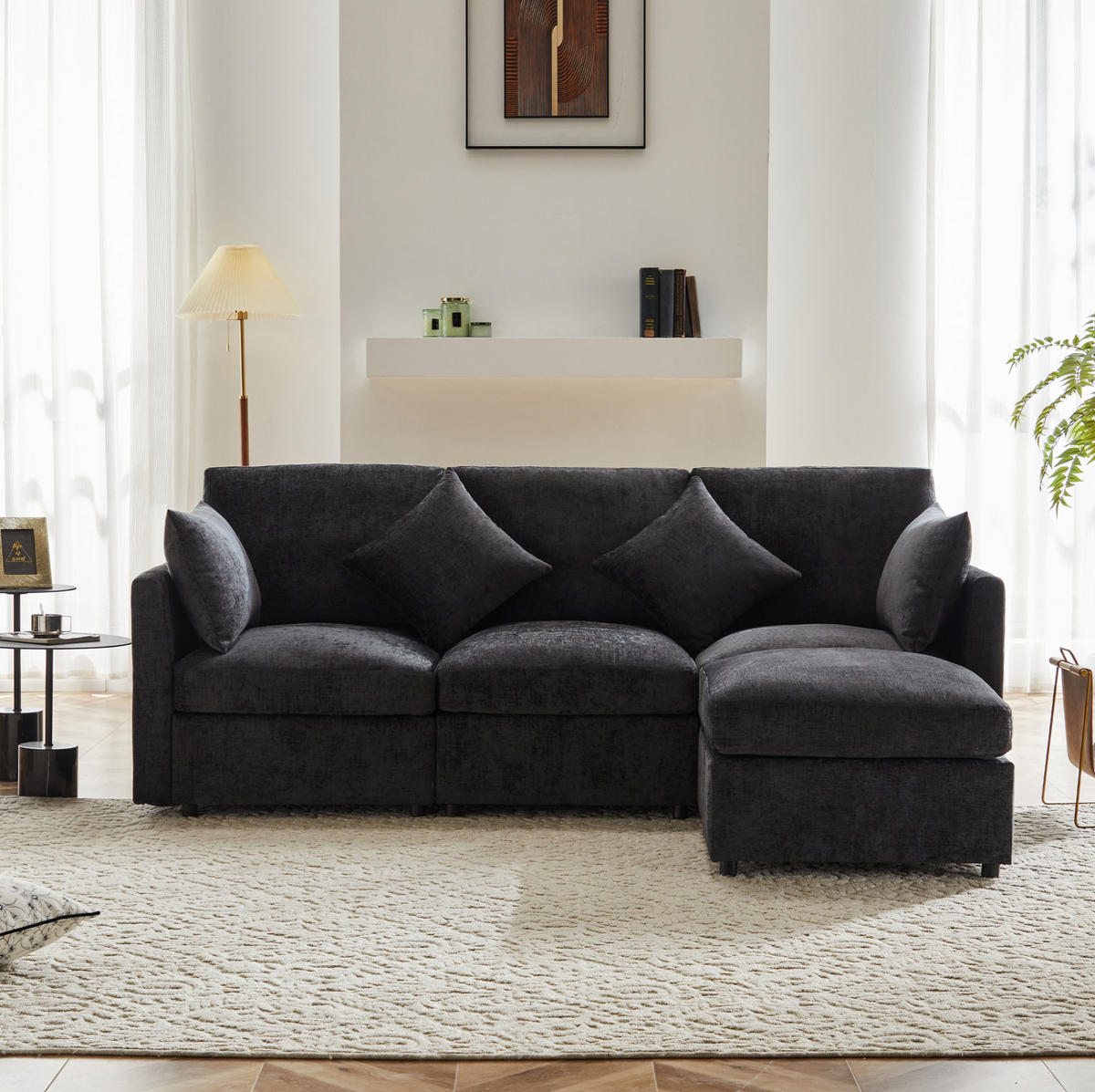 ECKSOFA 216/161/81 cm grau aus Chenille modular mit Hocker - Grau, Textil (161/216cm) - OKWISH