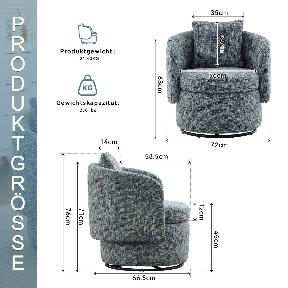 DREHSESSEL 72/66,5/76 cm aus Chenille mit 360°-Drehfunktion und Stauraum - Blau, Textil (66.5/76/72cm) - BEAOK