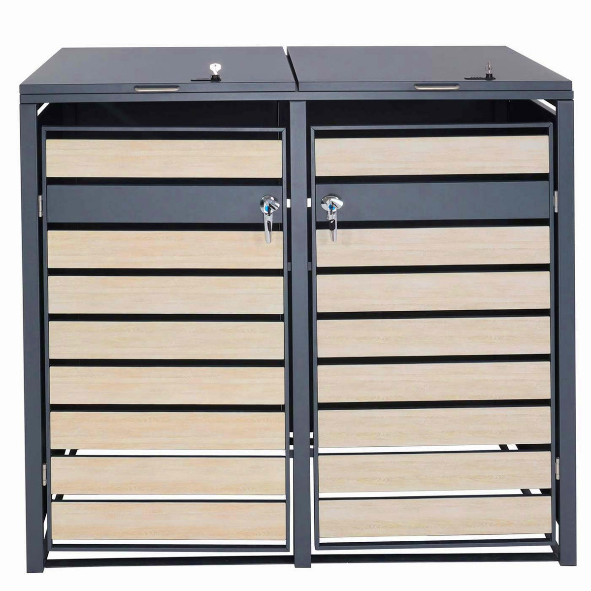 MÜLLTONNENBOX 2er XL 117x142x98cm Metall 59kg Anthrazit Buche-Holzoptik Hellbraun - Hellbraun, Metall (142/117/98cm) - PROREGAL