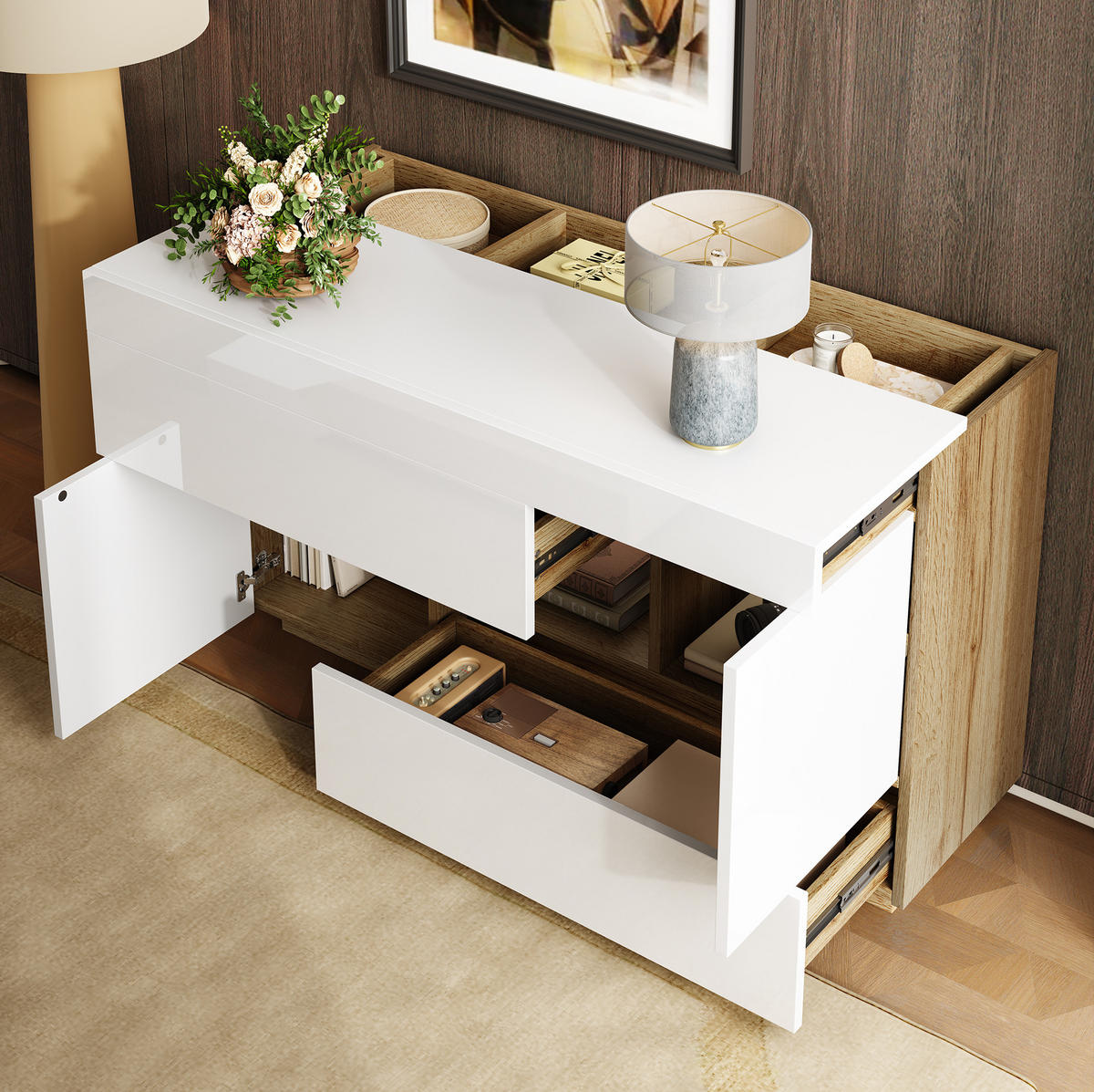 SIDEBOARD 120/37/76,5 cm mit 2 Türen, 2 Schubladen & LED in Weiß - Weiß, Holzwerkstoff (120/37/76.5cm) - BEAOK