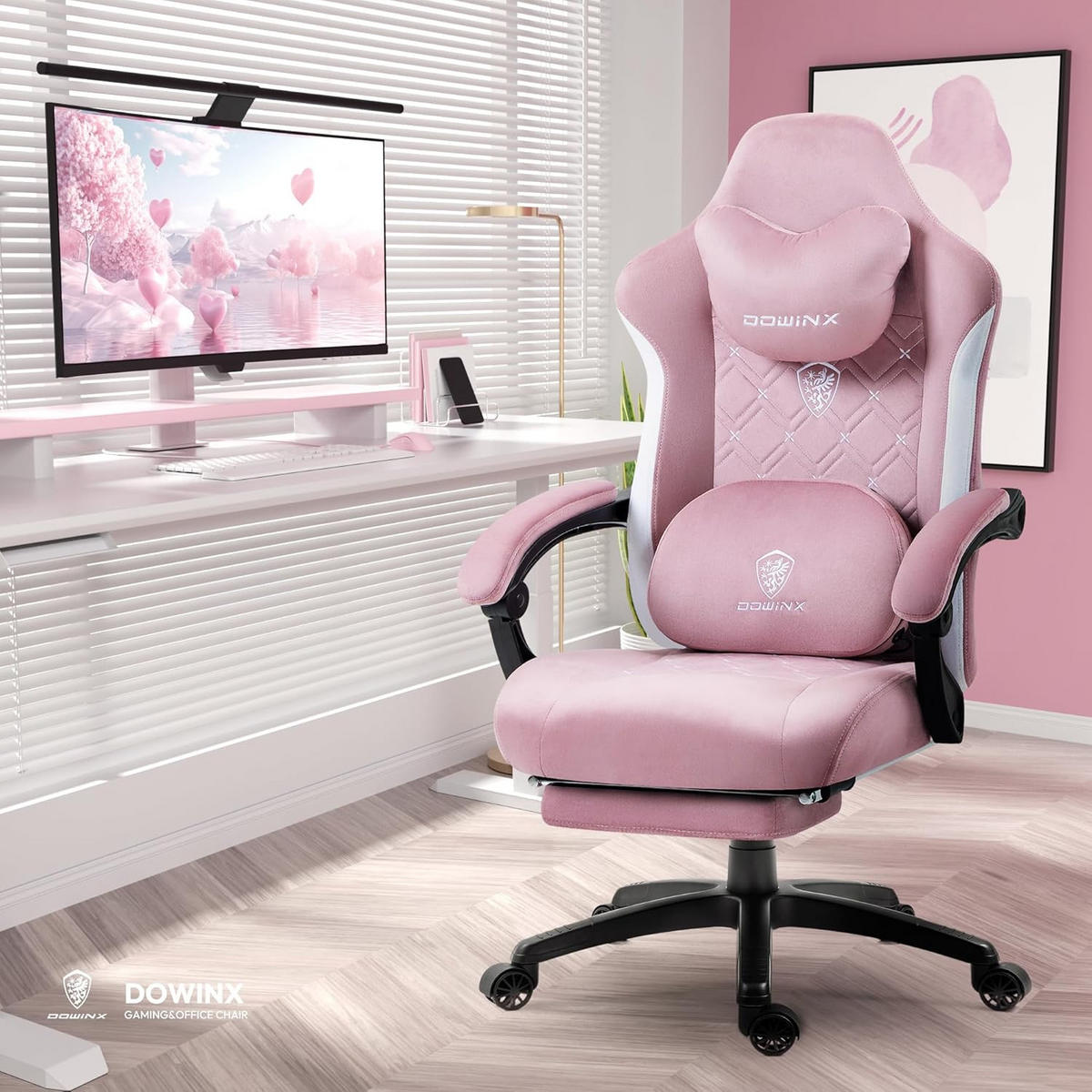 GAMINGSTUHL U-förmiger Kopfstütze, 155° verstellbarer Rückenlehne,360° - Rosa, Textil (69/129/54cm)