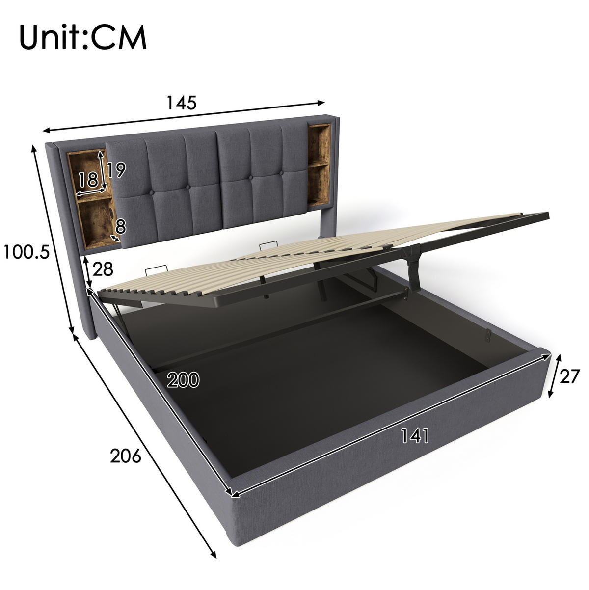 ČALÚNENÁ posteľ z bavlny 140x200 cm sivá s bezdrôtovým nabíjaním, USB a USB-C, úložným priestorom - sivá, textil (140/200cm) - Modfu