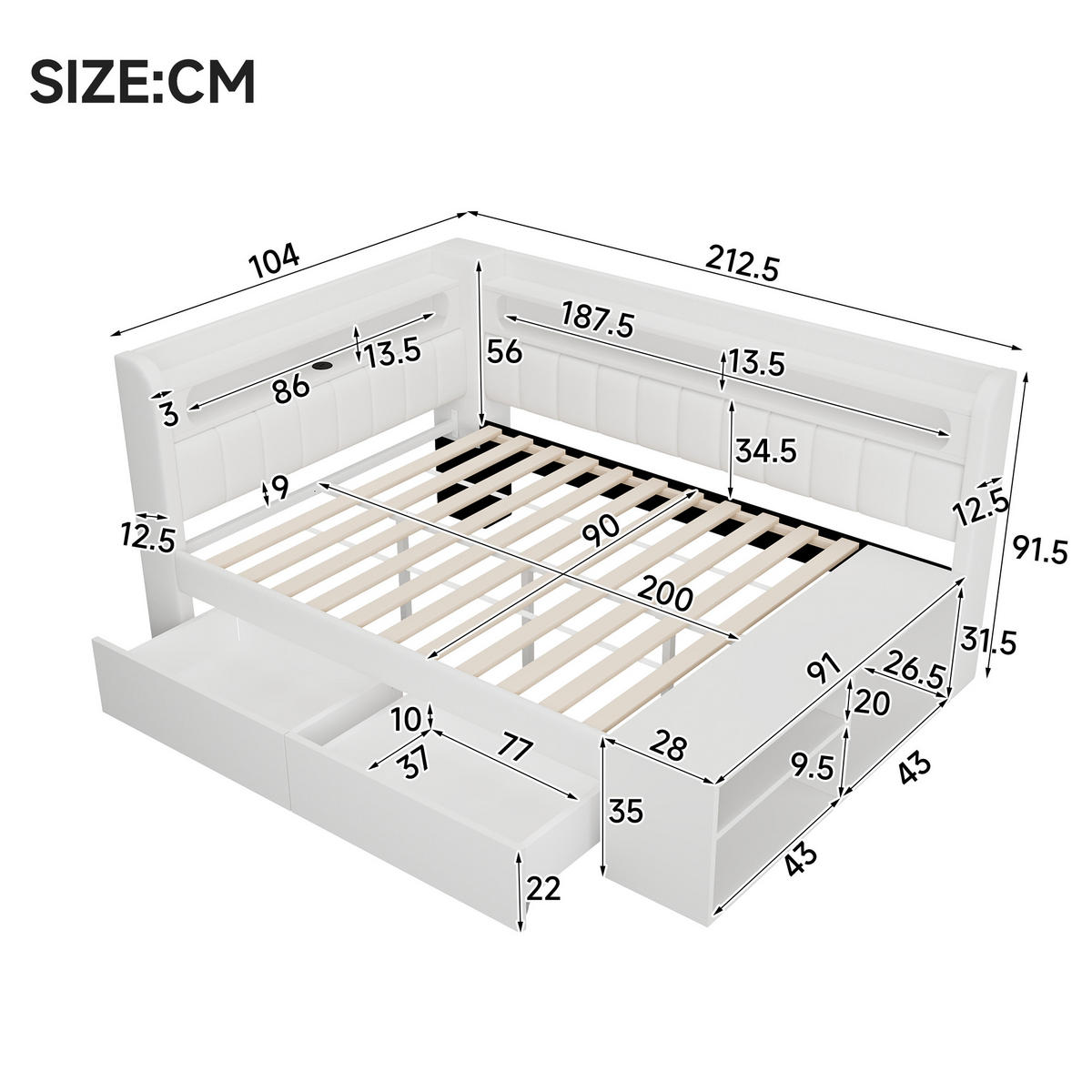 TAGESBETT mit USB und LED 90x200 cm Weiß mit Schuhschrank - Weiß, Holz (90/200cm) - Meubliv