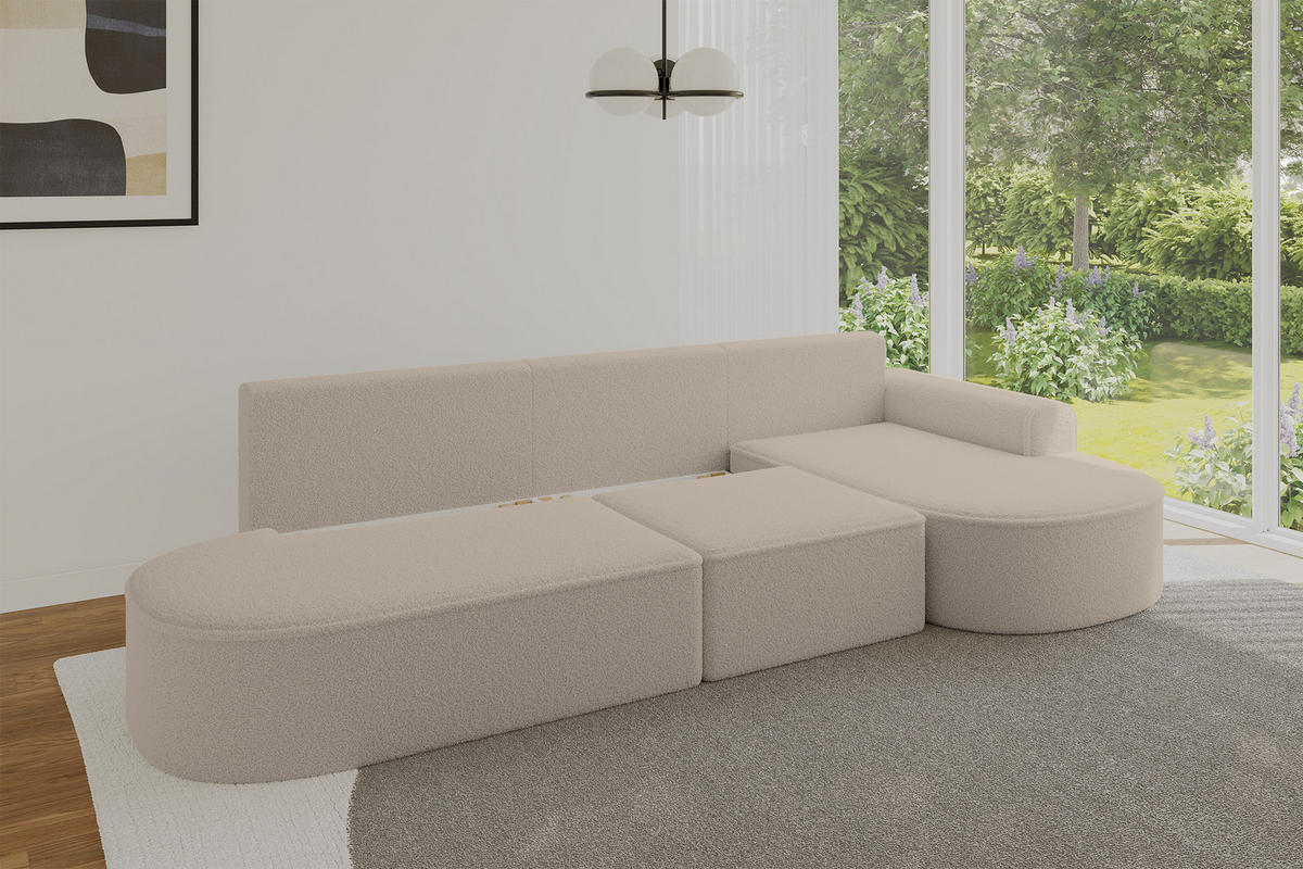ECKSOFA mit Schlaffunktion Ottomane RECHTS MARI L2-S 368X167X85 Dunkelbeige Bouclé - Hellbraun/Schwarz, Holzwerkstoff/Kunststoff (167/368cm) - ALTDECOR