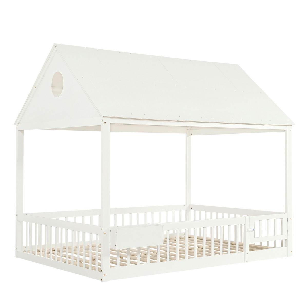 KINDERBETT 140/200 cm mit Dachdetails, Vorhängen und Stauraumfach, Kiefer/MDF/Sperrholz, Weiß - Weiß, Holz (140/200cm) - Redom