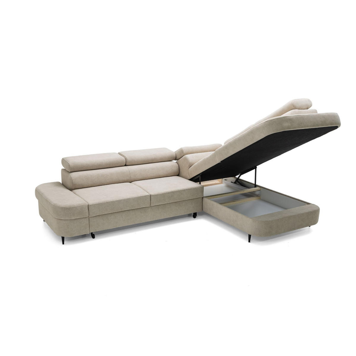 ECKSOFA PRIAM L Rechts mit Schlaffunktion 125x195 Velours Beige - Beige/Schwarz, Holz/Textil (203/275cm) - Muffo