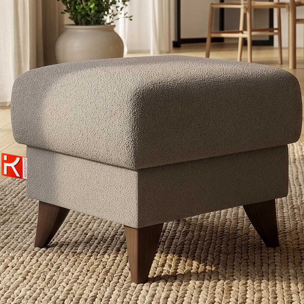 HOCKER GUSTAVO Fußstütze, Bouclé, Dunkelbeige - Graubraun/Beige, Holz/Holzwerkstoff (53/49/53cm) - KONSIMO®