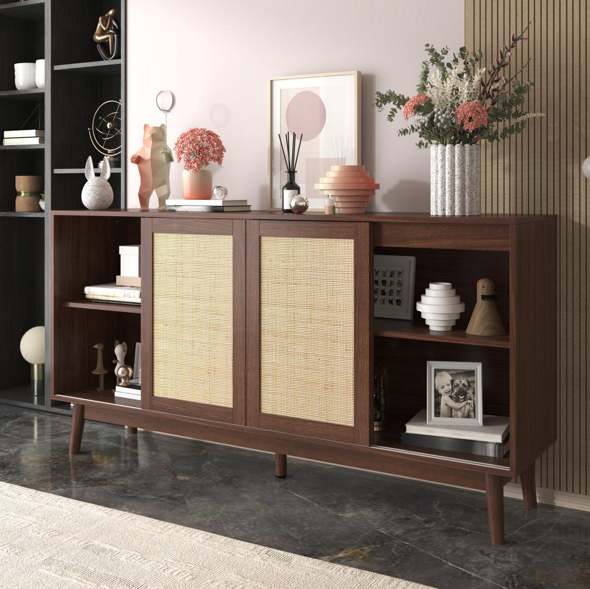 SIDEBOARD mit 3 Schiebetüren und 2 Schubladen 155 x 38 x 80 cm dunkles Holz - Dunkelbraun, Holzwerkstoff (155/80/38cm) - Meubliv