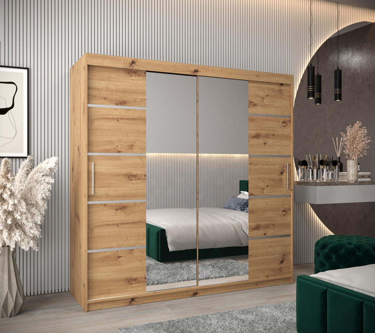 SCHWEBETÜRENSCHRANK 200/200/62 2-türig - Silberfarben/Eiche Artisan, Holz/Kunststoff (200/200/62cm) - Abiks Möbel