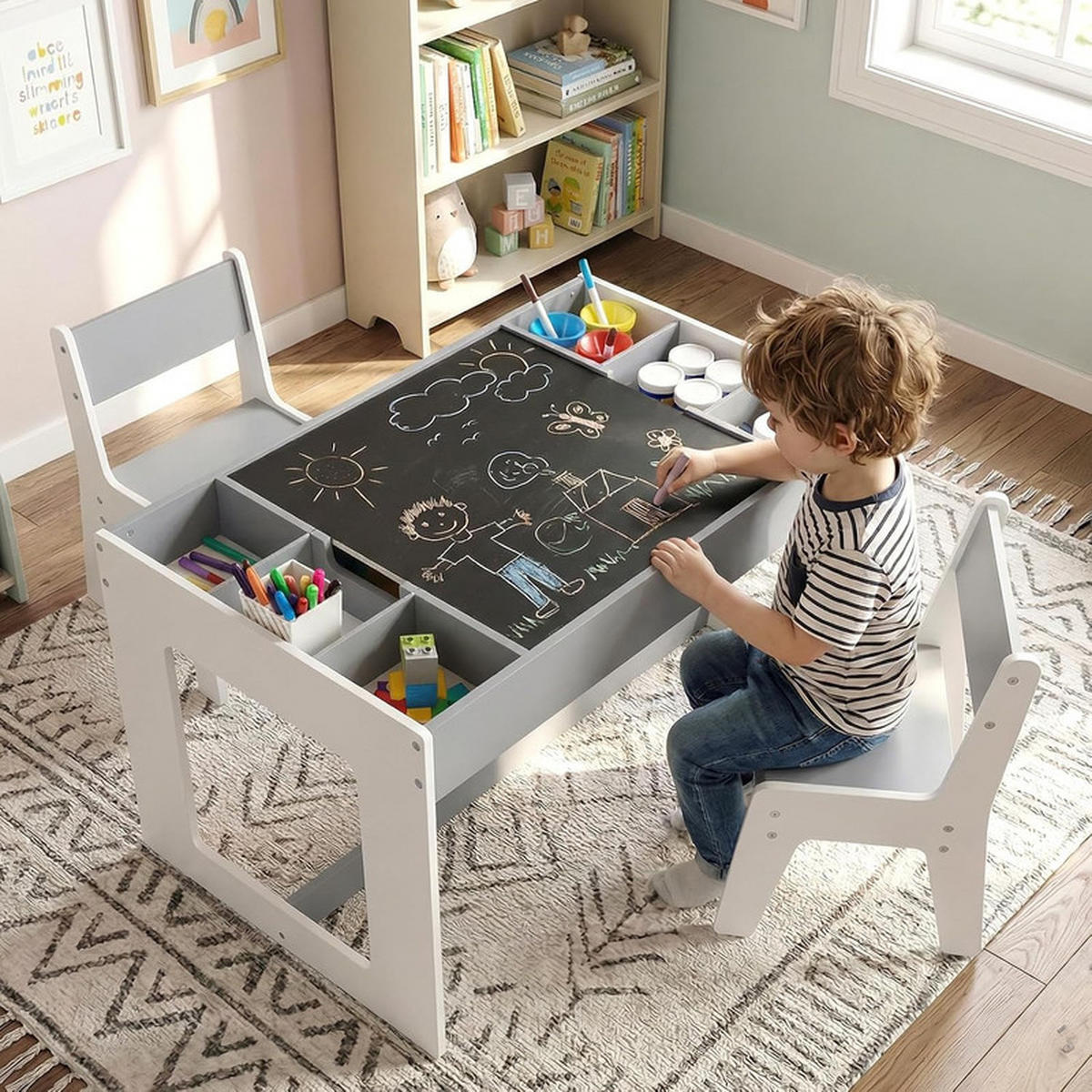 KINDERTISCH mit Stuhl grau(3-tlg) - Grau, Holzwerkstoff (80/48/49cm) - COSTWAY