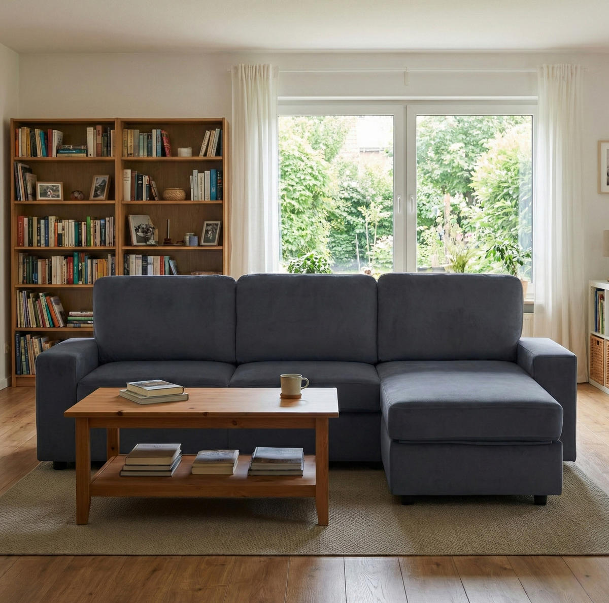 ECKSOFA 245,5/150,5/86,5 cm dunkelgrau aus Polyester mit Ottomane und 4 Staufächern - Dunkelgrau, Kunststoff (245.5/150.5cm) - OKWISH
