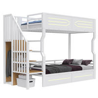 ETAGENBETT 90/200 cm mit LED-Beleuchtung, Stauraumtreppe und Sicherheitsgitter, MDF und Metall, Weiß - Weiß, Holzwerkstoff (90/200cm) - Redom