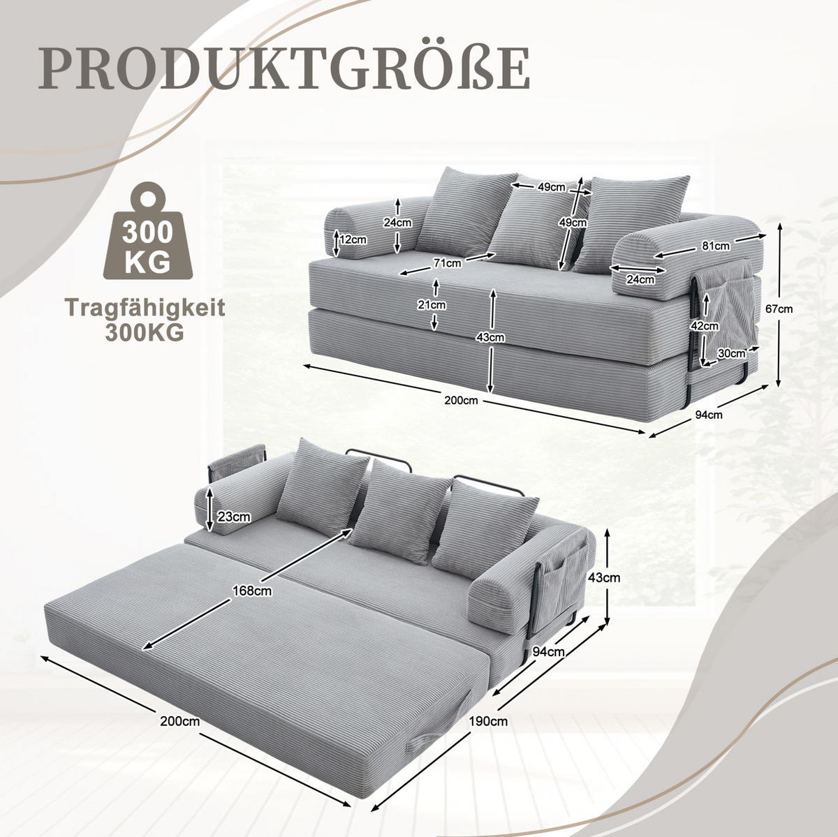 SOFA modular ca. 200 x 94 cm Corduroy Hellgrau mit 3 Kissen - Hellgrau, Kunststoff (94/67/200cm) - Meubliv