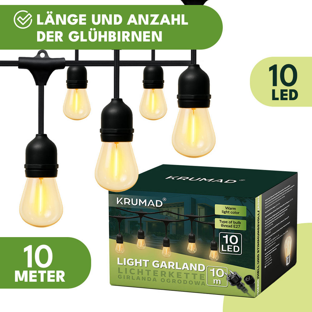 AUSSENLEUCHTE Girlande LED Außen Lichterkette 10m - Schwarz, Kunststoff (10000/10/10cm) - KRUMAD