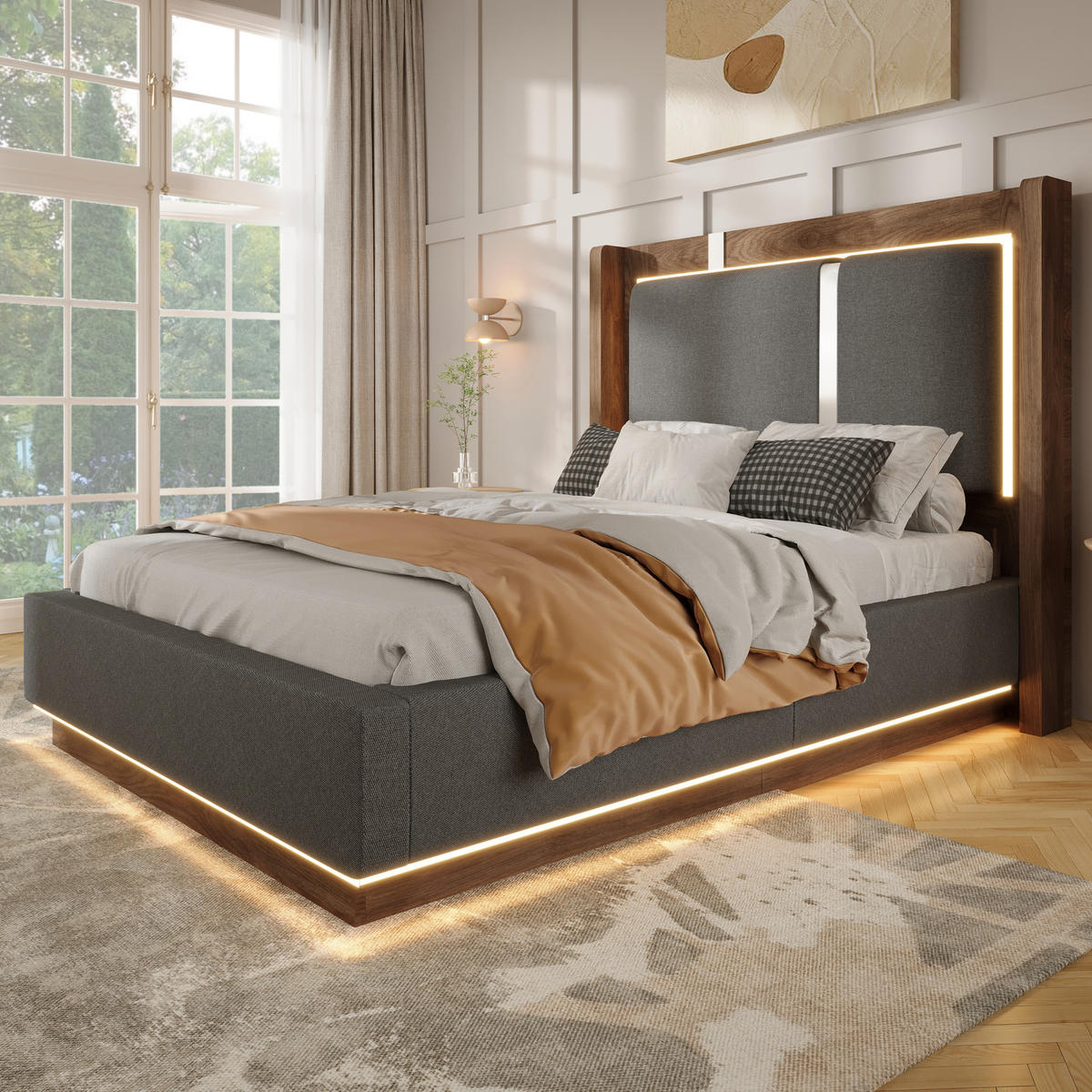 POLSTERBETT 90/200 cm Grau mit LED und Bettkasten, ohne Matratze - Grau, Textil (90/200cm) - Oxeza