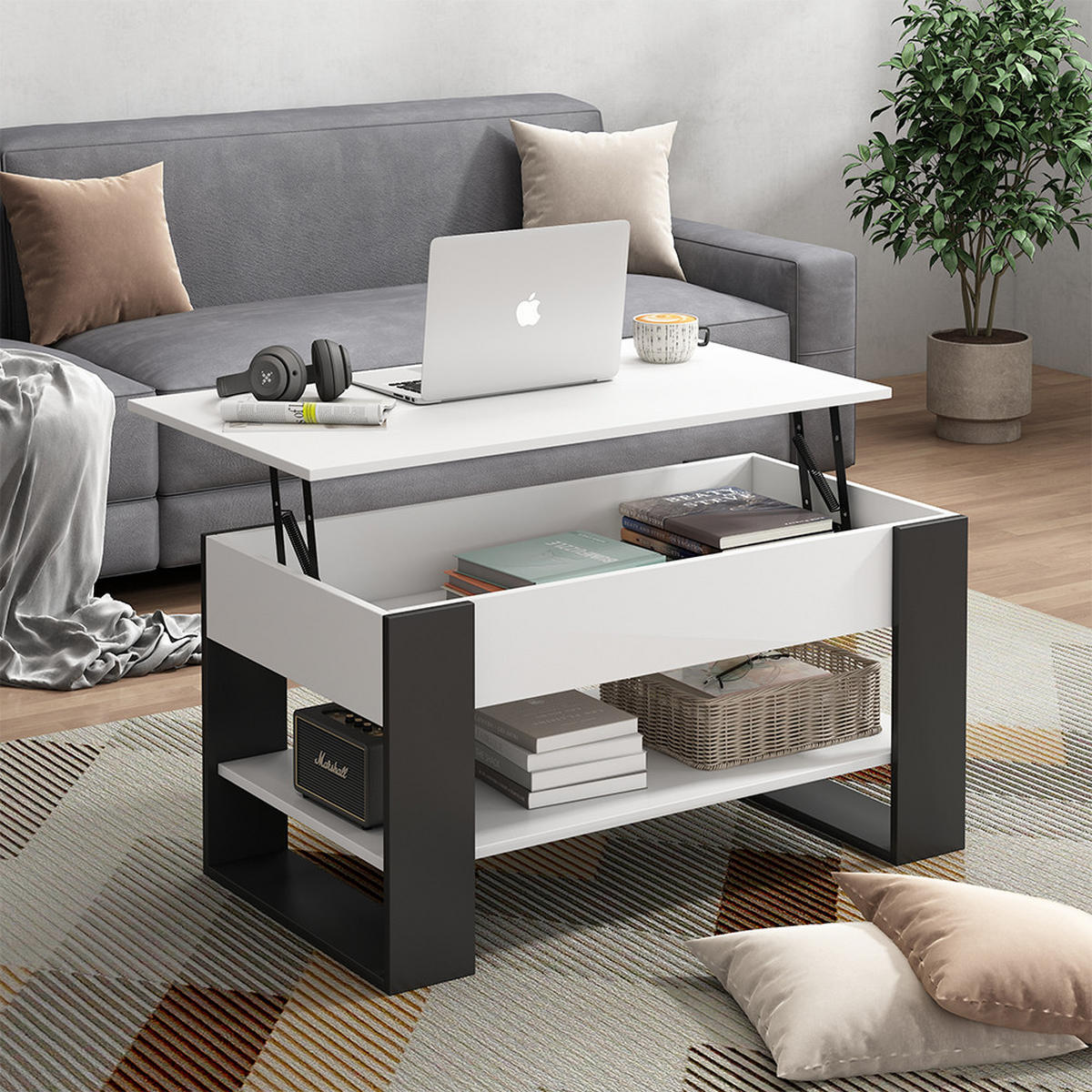 COUCHTISCH Lifto Weiß/Anthrazit 92 x 51 cm mit Liftfunktion - Anthrazit/Weiß, Holzwerkstoff (51/92/47cm) - Vicco